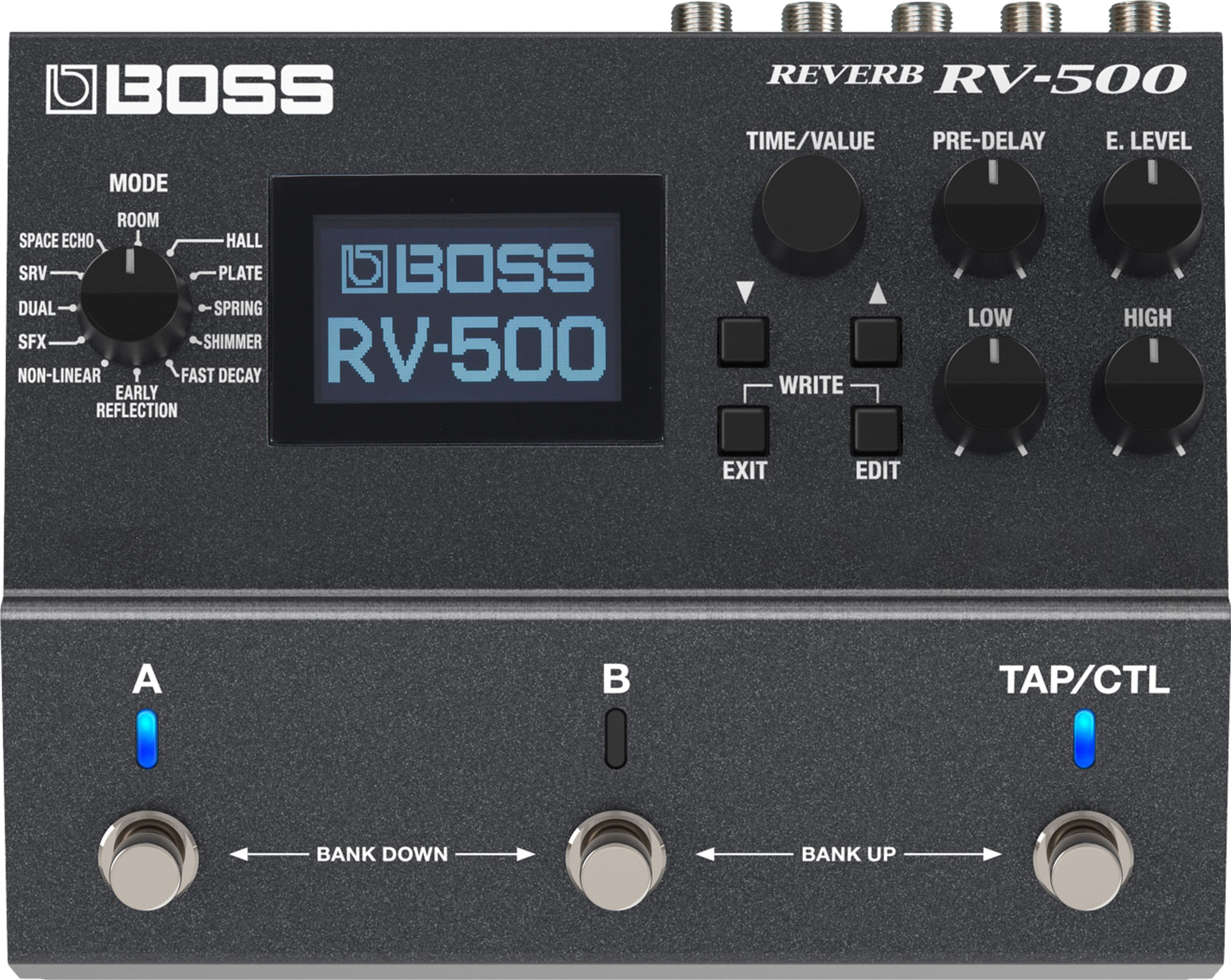 BOSS RV-500 Reverb, top-down view, dark grey enclosure, graphic LCD, A, B and TAP/CTL footswitches