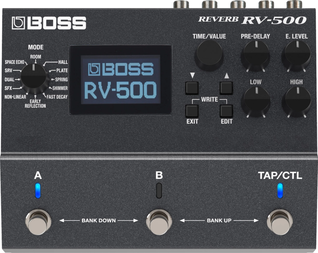 BOSS RV-500 Reverb, top-down view, dark grey enclosure, graphic LCD, A, B and TAP/CTL footswitches