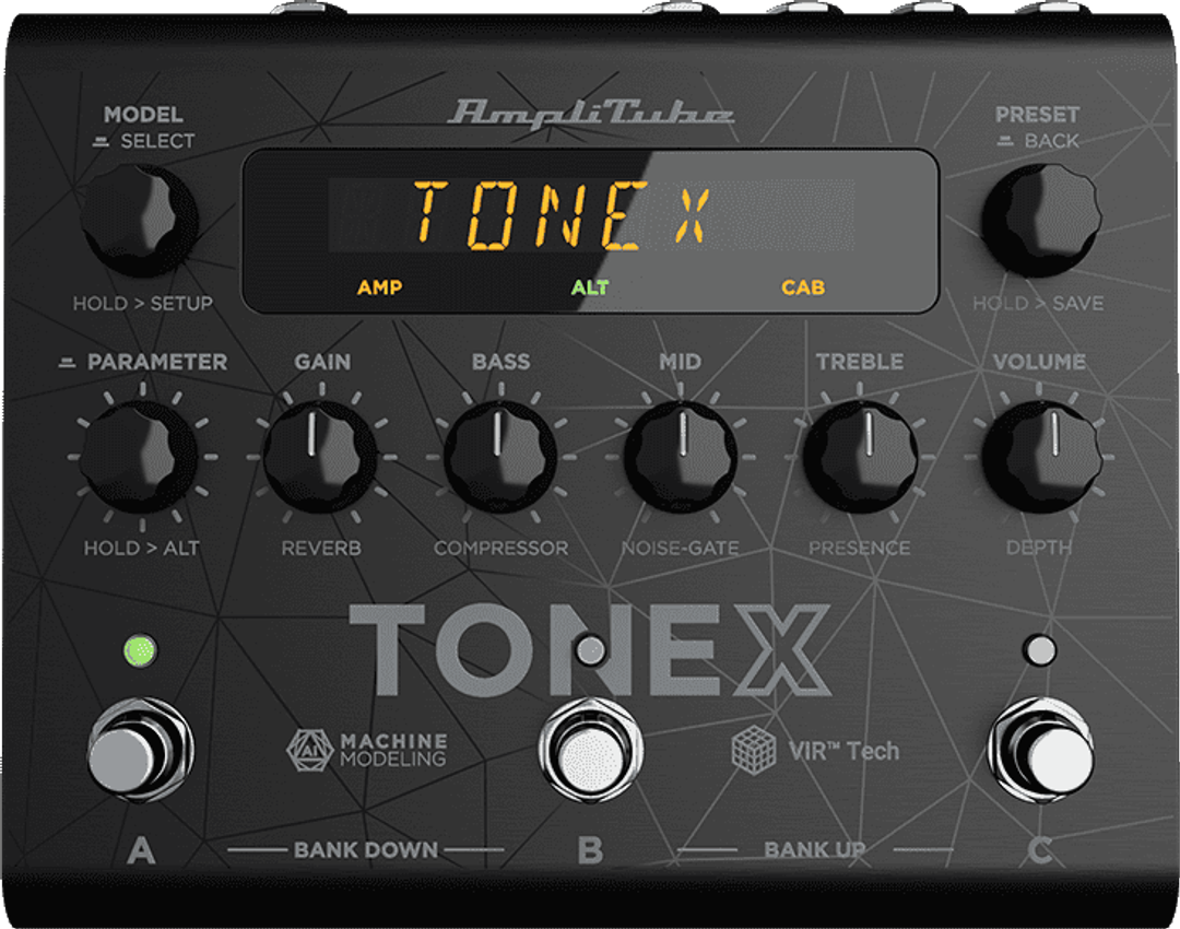 IK Multimedia TONEX Pedal, top-down view, black enclosure, TONEX display, five knobs, three footswitches