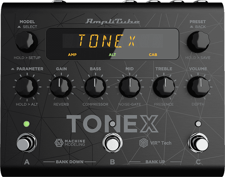 IK Multimedia TONEX Pedal, top-down view, black enclosure, TONEX display, five knobs, three footswitches