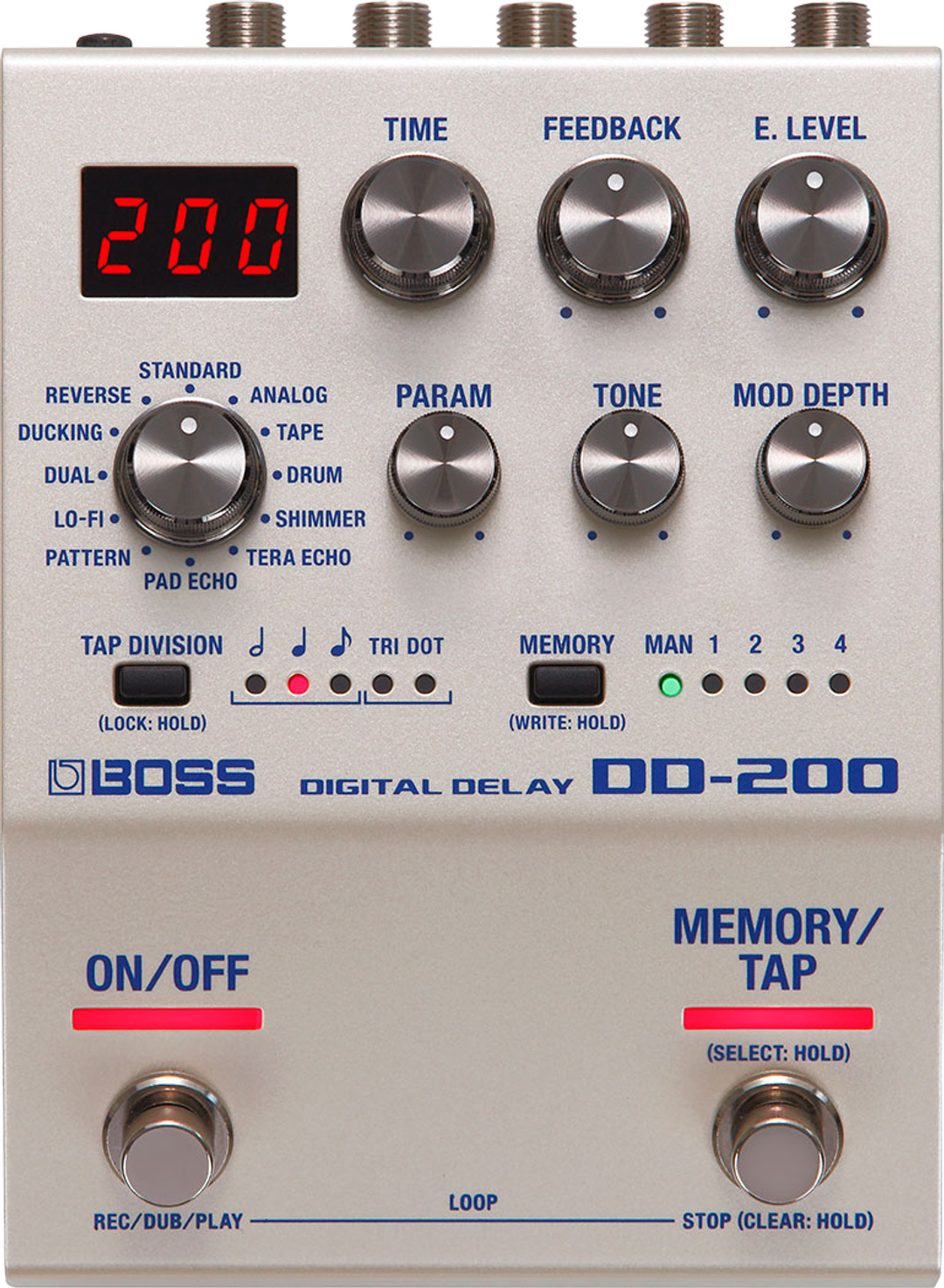 BOSS DD-200 Digital Delay, top-down view, silver enclosure, Mode, Time, Feedback, E. Level, Param, Tone and Mod Depth controls, LED display