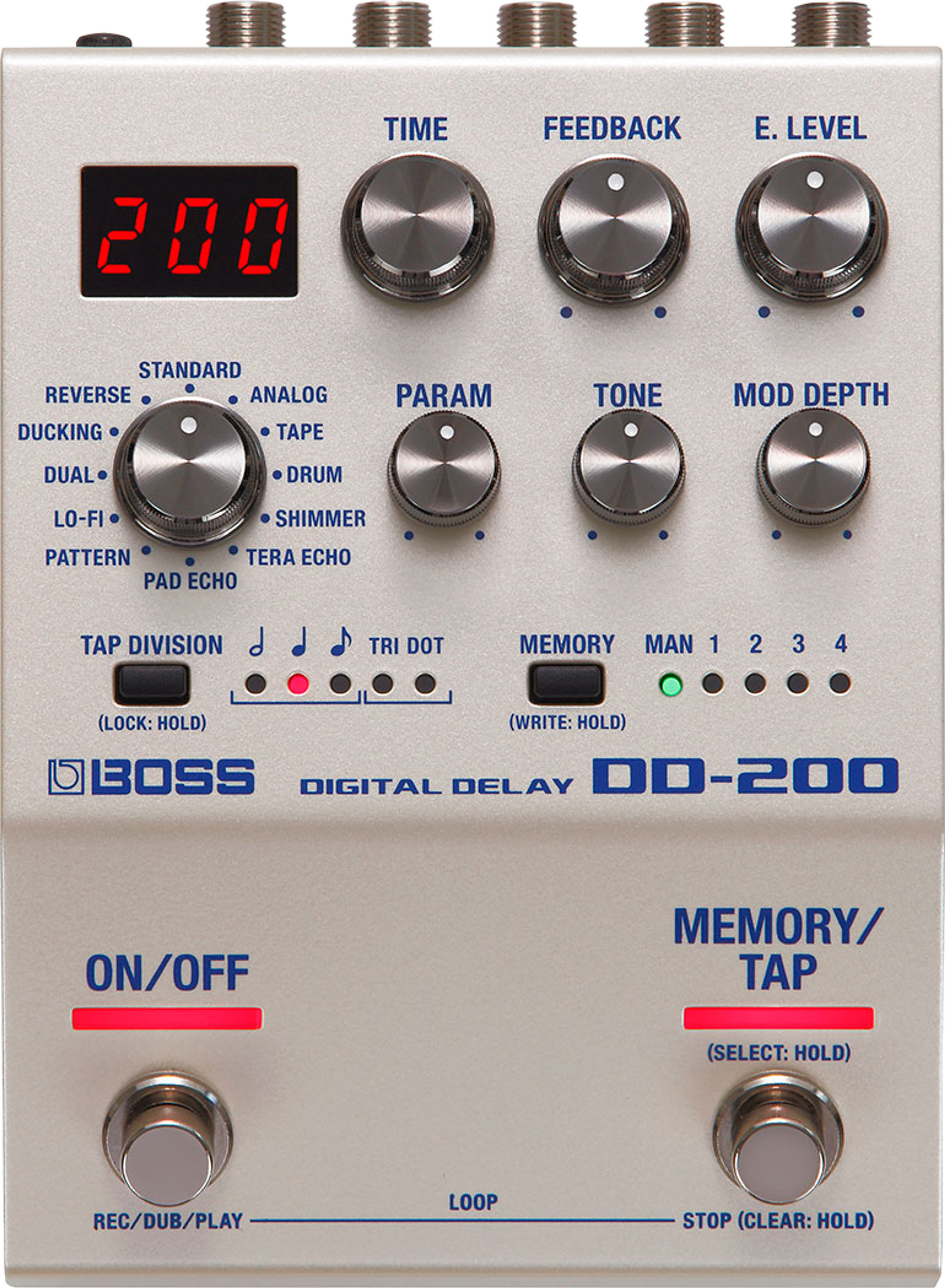 BOSS DD-200 Digital Delay, top-down view, silver enclosure, Mode, Time, Feedback, E. Level, Param, Tone and Mod Depth controls, LED display