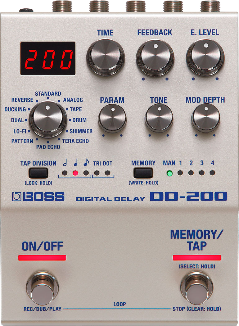 BOSS DD-200 Digital Delay, top-down view, silver enclosure, Mode, Time, Feedback, E. Level, Param, Tone and Mod Depth controls, LED display