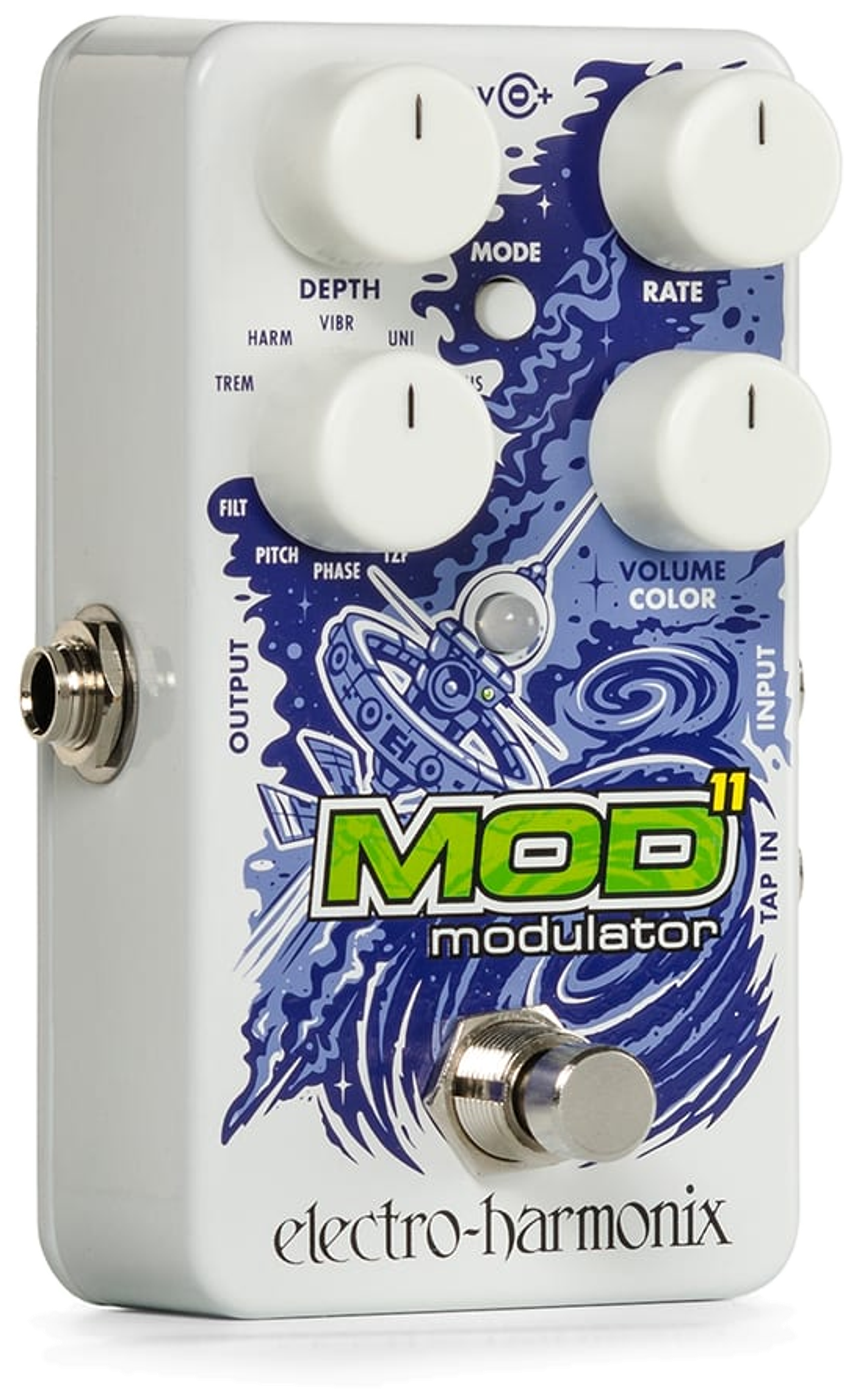 Electro-Harmonix Mod 11, three-quarter view, white enclosure, blue space artwork, four white knobs
