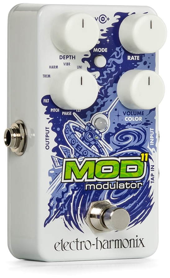 Electro-Harmonix Mod 11, three-quarter view, white enclosure, blue space artwork, four white knobs