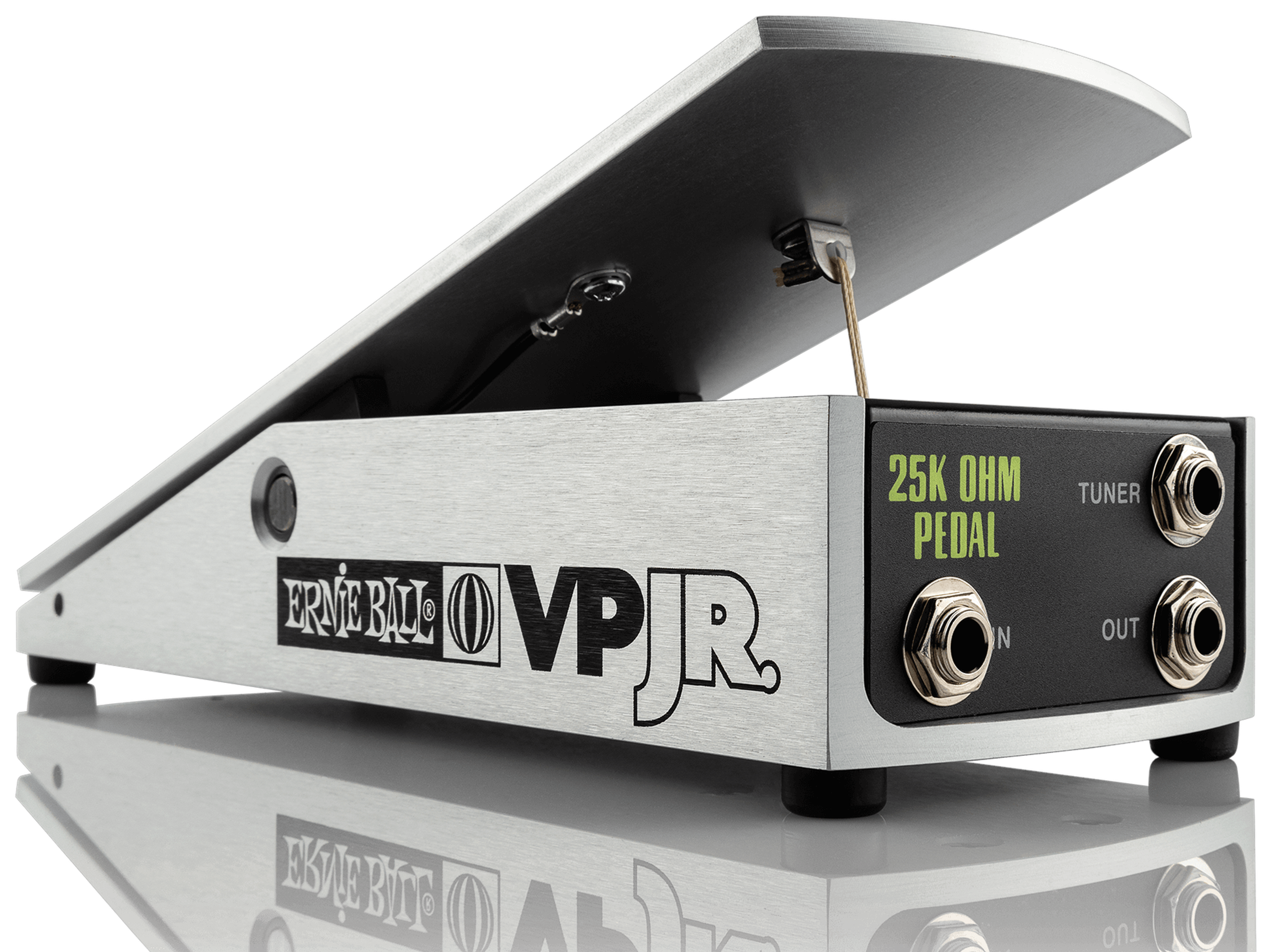 Ernie Ball VP Jr 25K volume pedal, three-quarter view, brushed aluminium treadle, IN OUT TUNER jacks