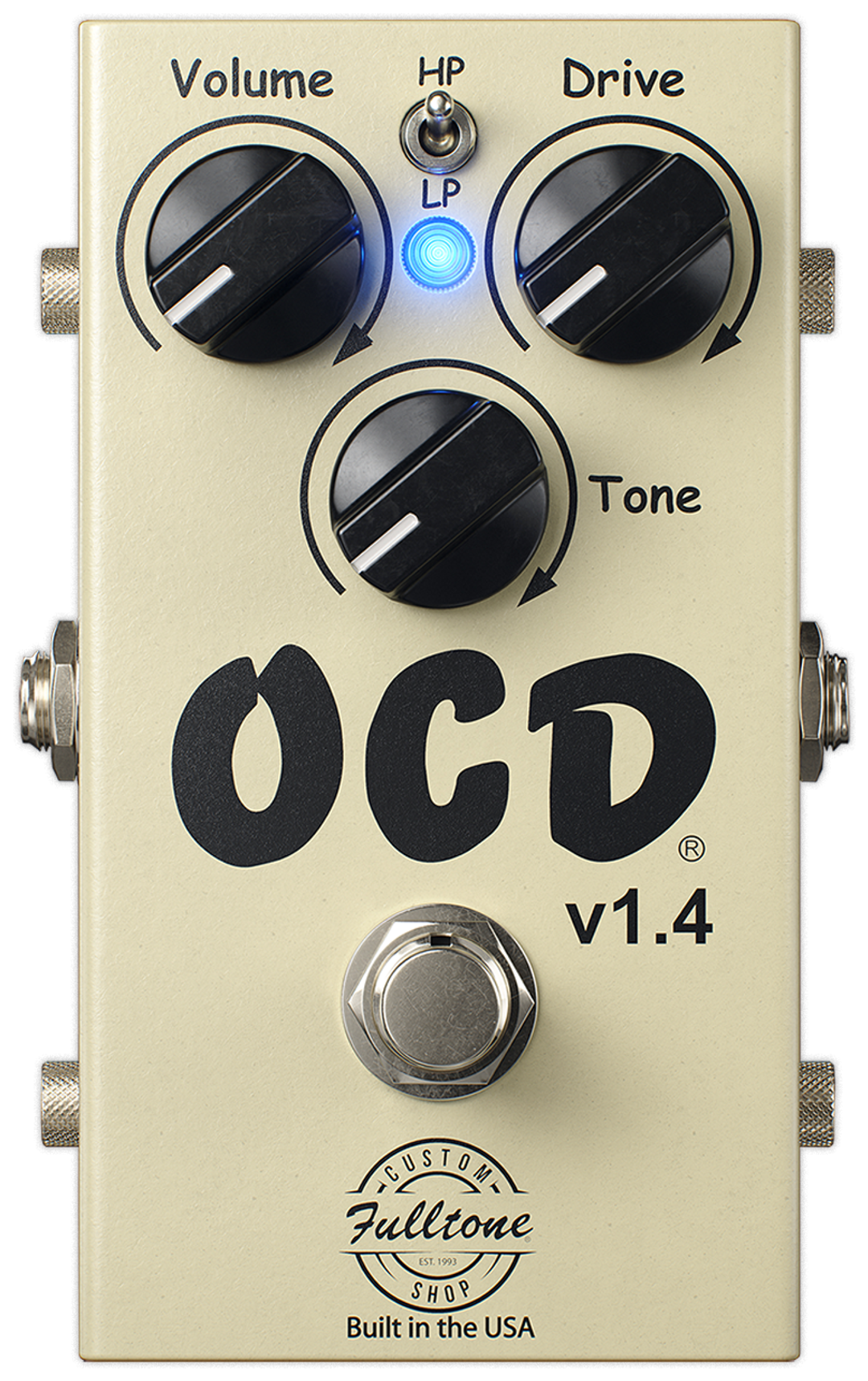 Fulltone OCD v1.4, top-down view, cream enclosure, Volume, Drive and Tone knobs, HP/LP toggle, blue LED, Custom Shop badge