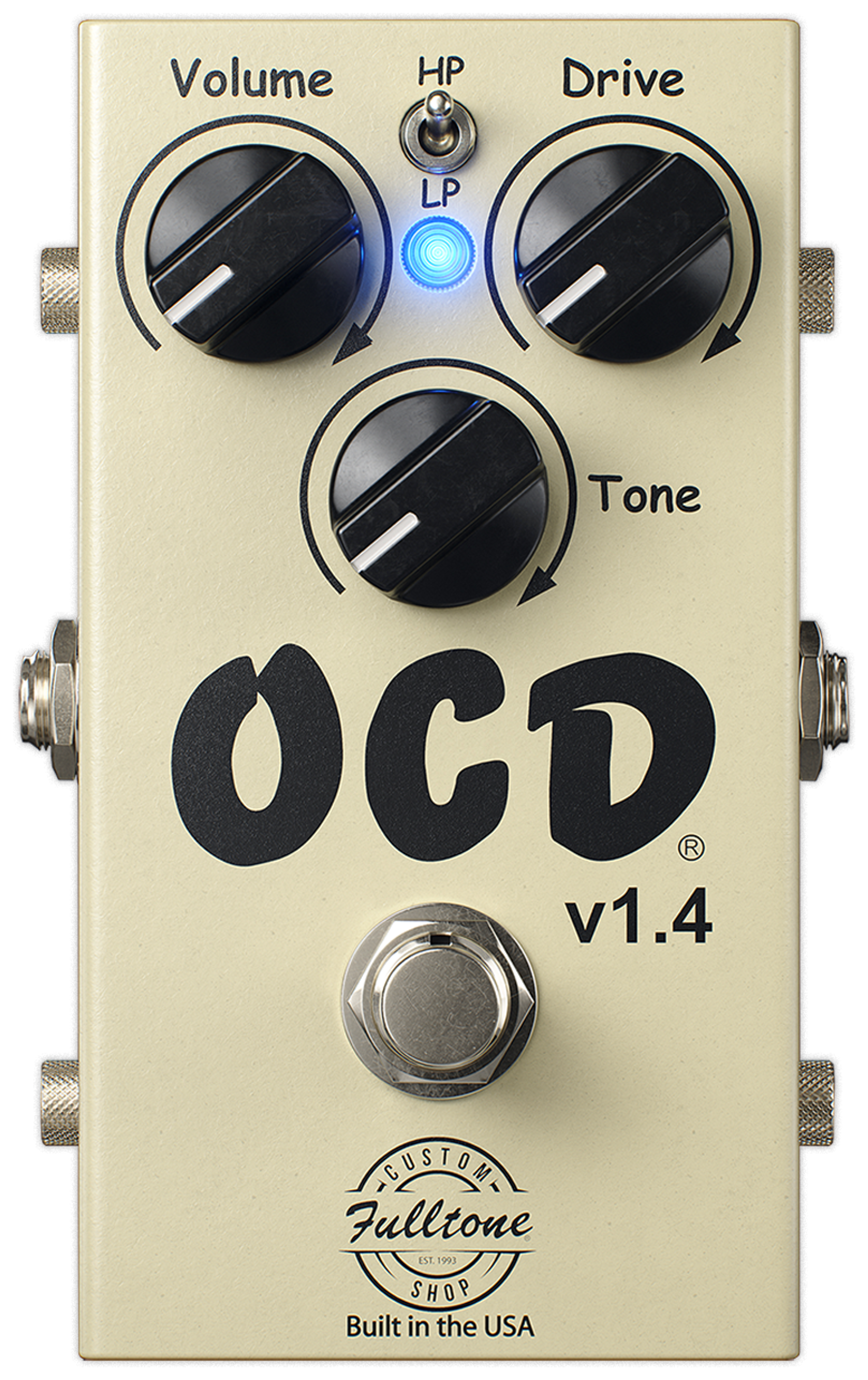 Fulltone OCD v1.4, top-down view, cream enclosure, Volume, Drive and Tone knobs, HP/LP toggle, blue LED, Custom Shop badge
