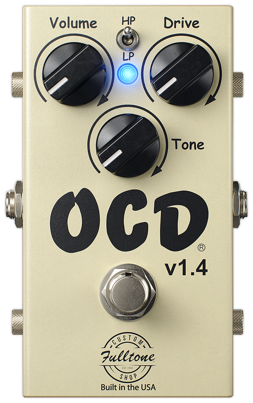 Fulltone OCD v1.4, top-down view, cream enclosure, Volume, Drive and Tone knobs, HP/LP toggle, blue LED, Custom Shop badge