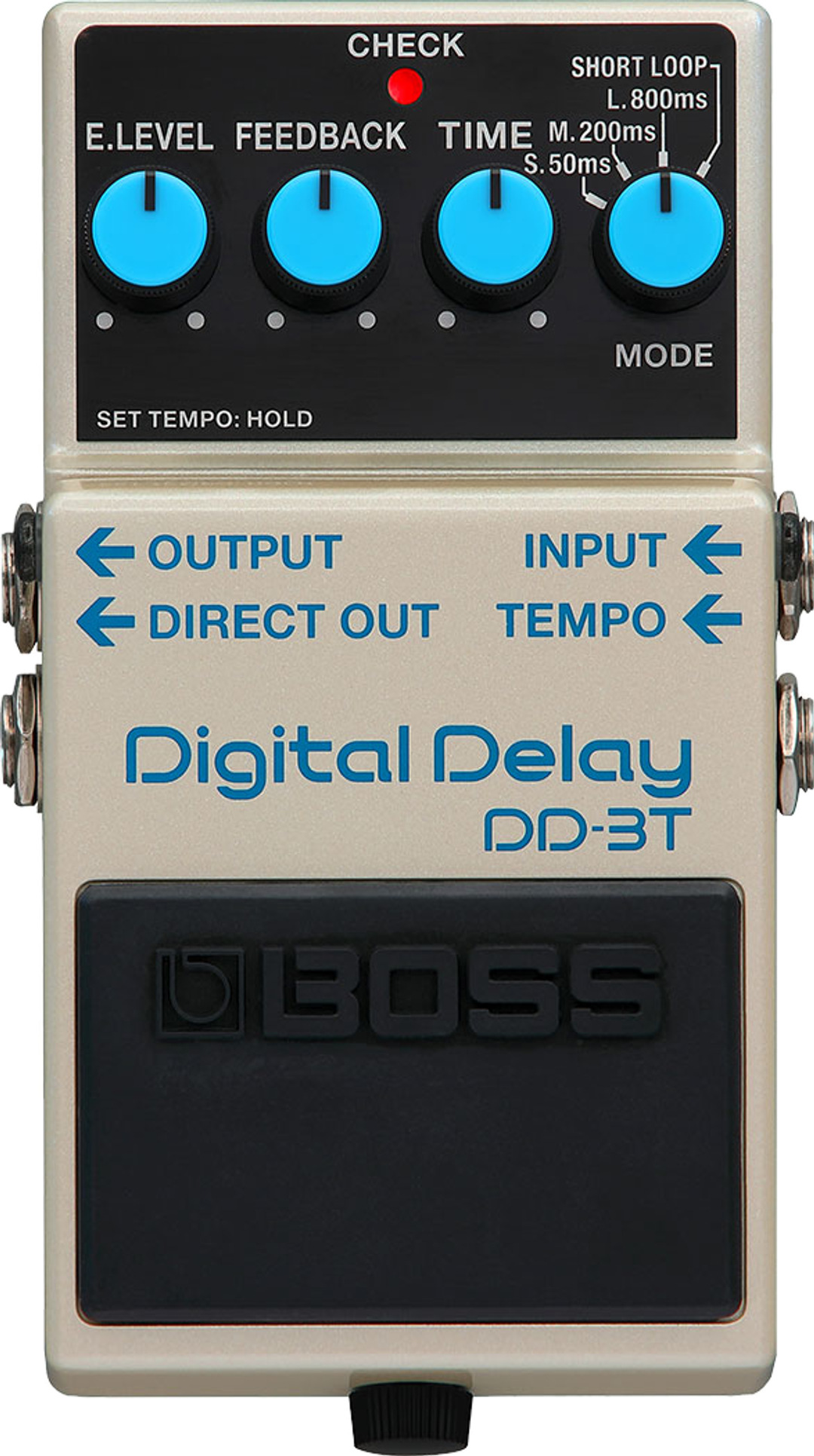BOSS DD-3T Digital Delay, top view, cream enclosure, four blue knobs, Short Loop mode