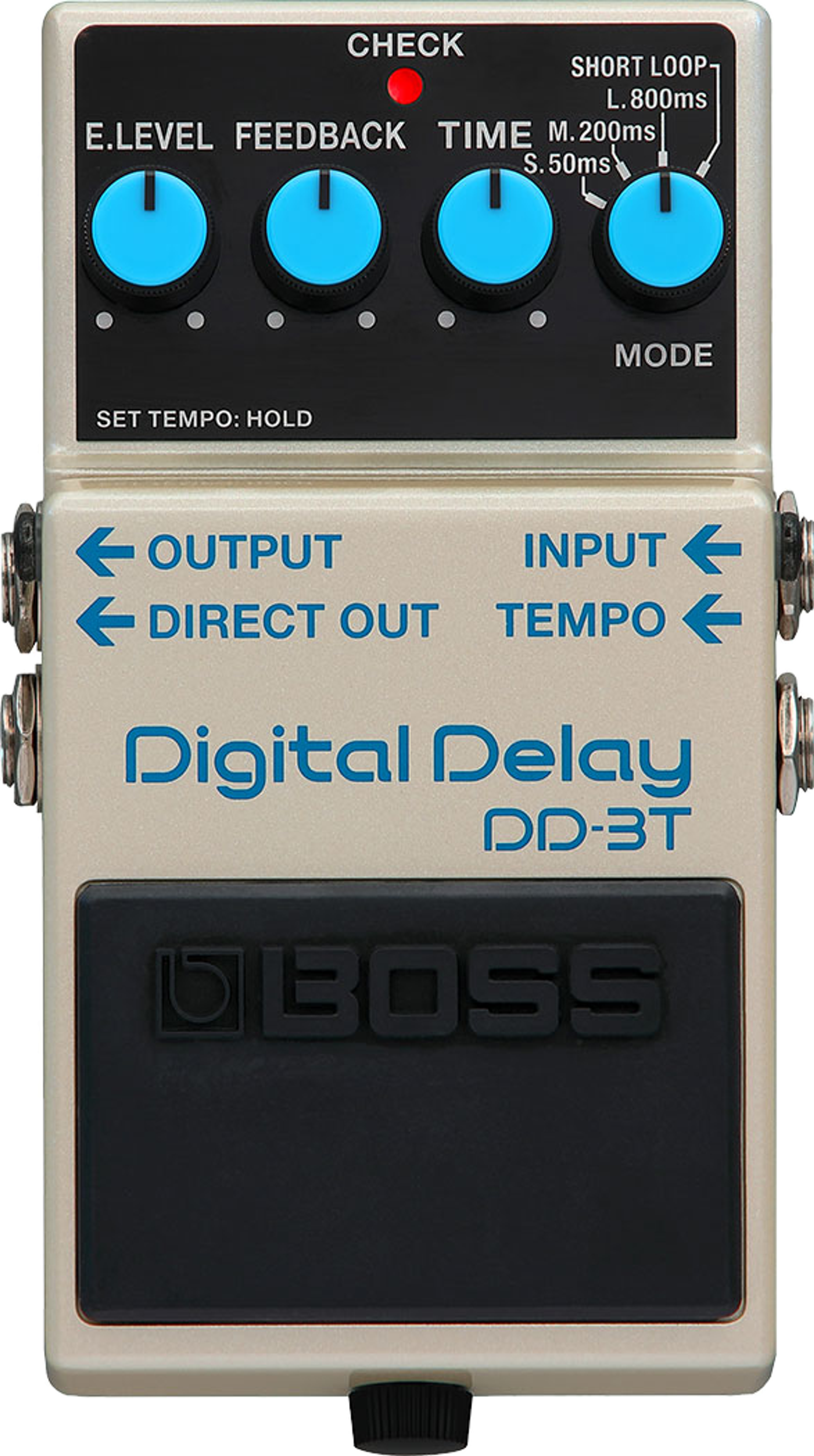 BOSS DD-3T Digital Delay, top view, cream enclosure, four blue knobs, Short Loop mode