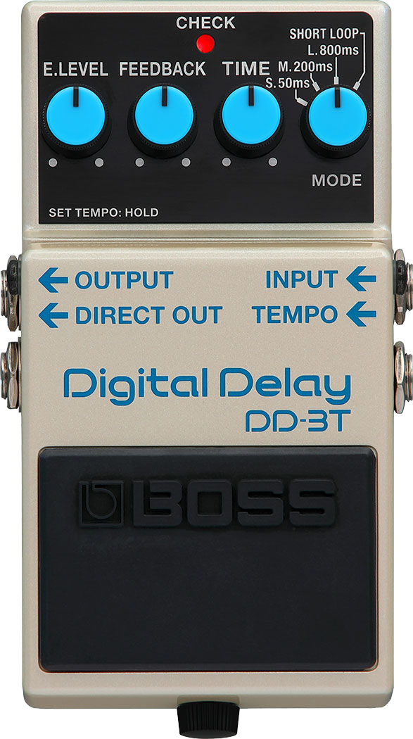 BOSS DD-3T Digital Delay, top view, cream enclosure, four blue knobs, Short Loop mode