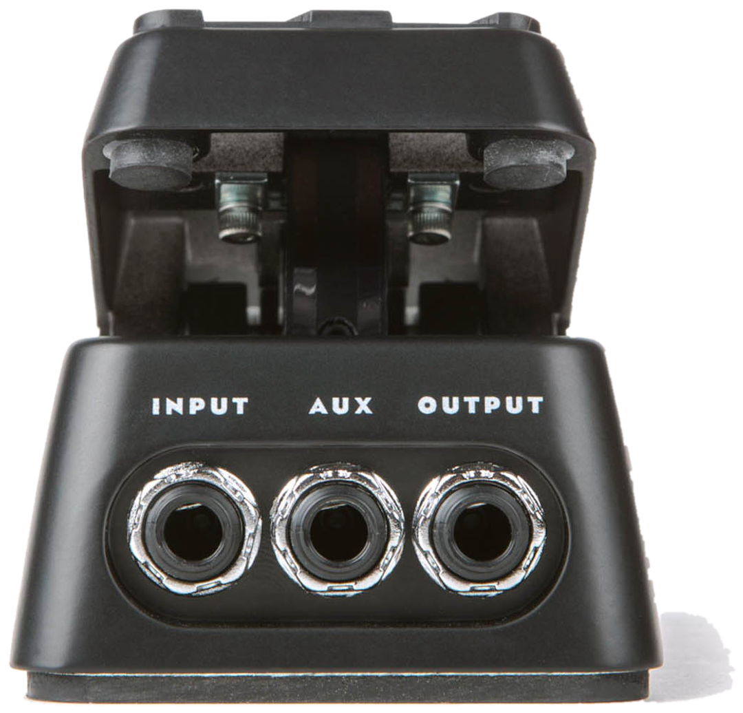 Dunlop DVP4 Volume (X) Mini, front view, black aluminium housing, Input, Aux and Output jacks
