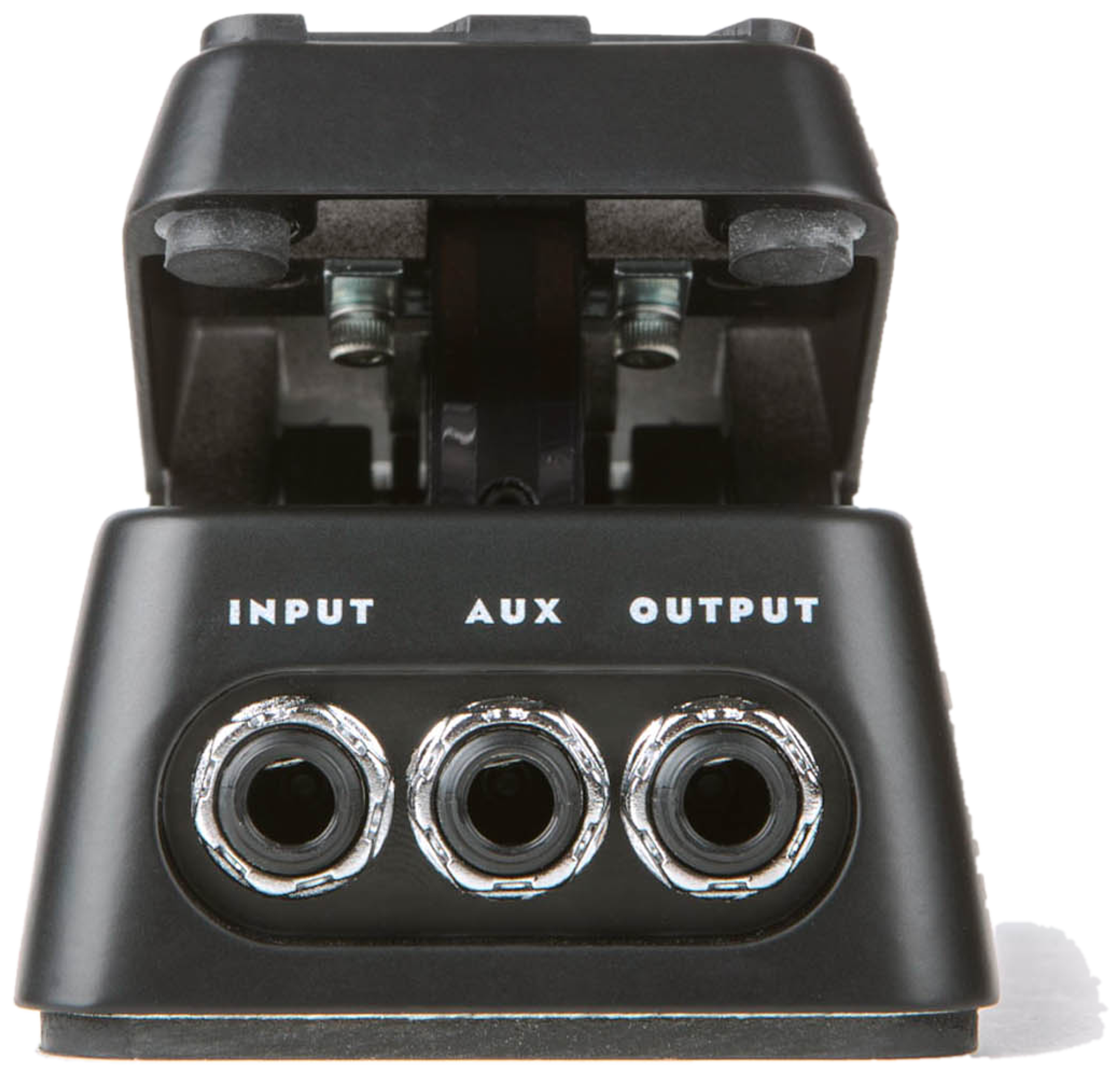 Dunlop DVP4 Volume (X) Mini, front view, black aluminium housing, Input, Aux and Output jacks