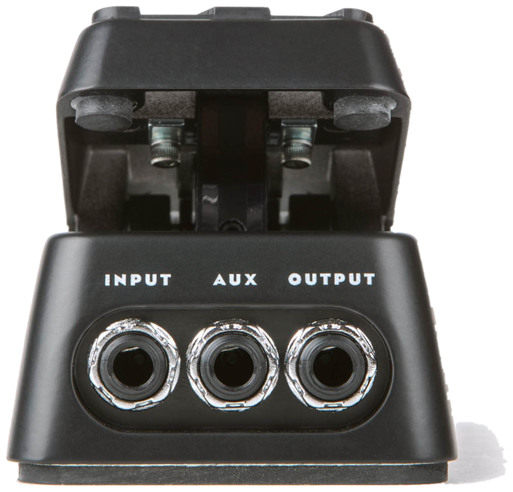 Dunlop DVP4 Volume (X) Mini, front view, black aluminium housing, Input, Aux and Output jacks