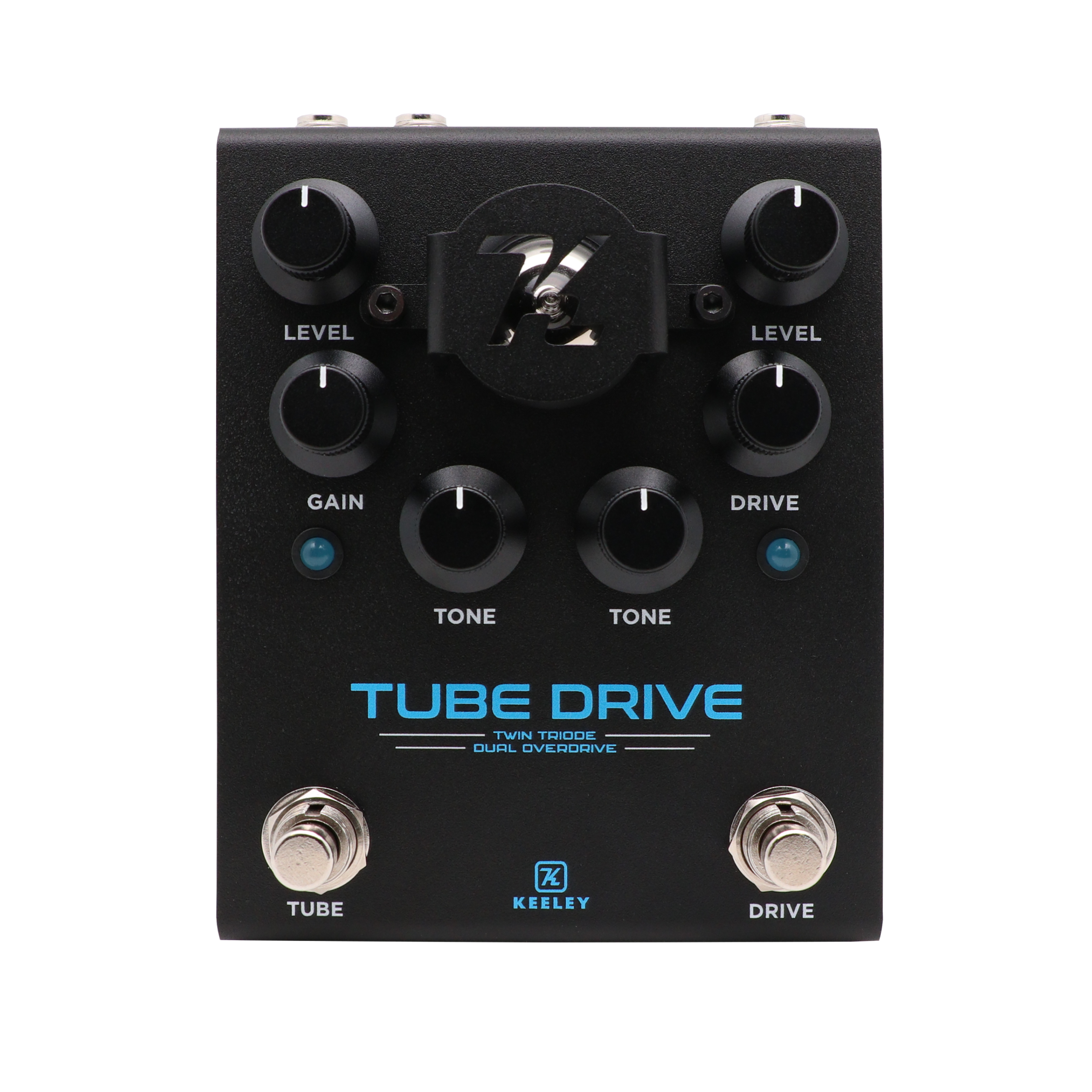 Keeley Tube Drive Twin Triode Dual Overdrive top view, matte black enclosure with central tube shroud, six knobs, and Tube and Drive footswitches