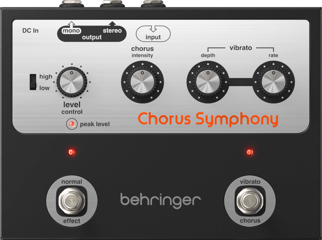 Behringer Chorus Symphony, top-down view, silver and black pedal with level, chorus and vibrato knobs and two footswitches
