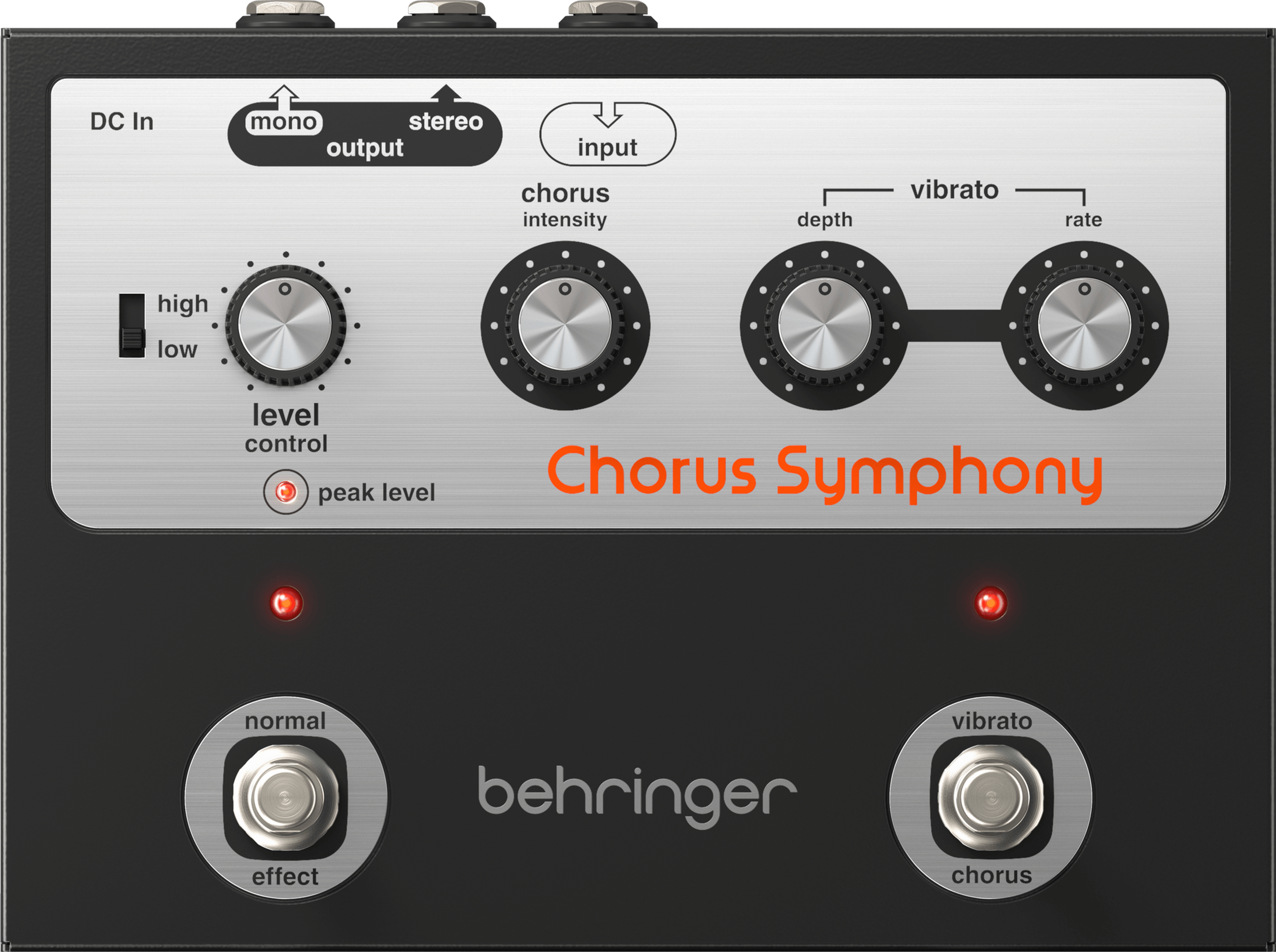 Behringer Chorus Symphony, top-down view, silver and black pedal with level, chorus and vibrato knobs and two footswitches