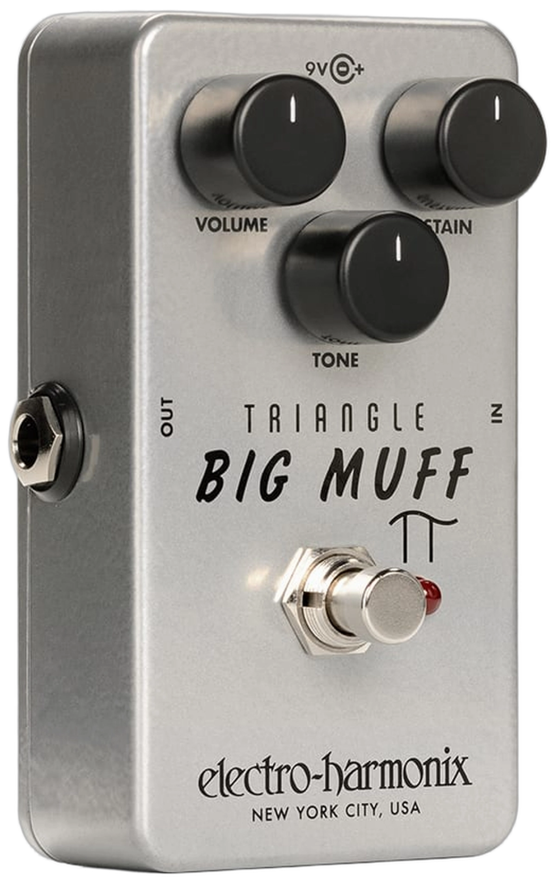 Electro-Harmonix Triangle Big Muff Pi, three-quarter view, silver nano enclosure, Volume Sustain Tone triangle layout
