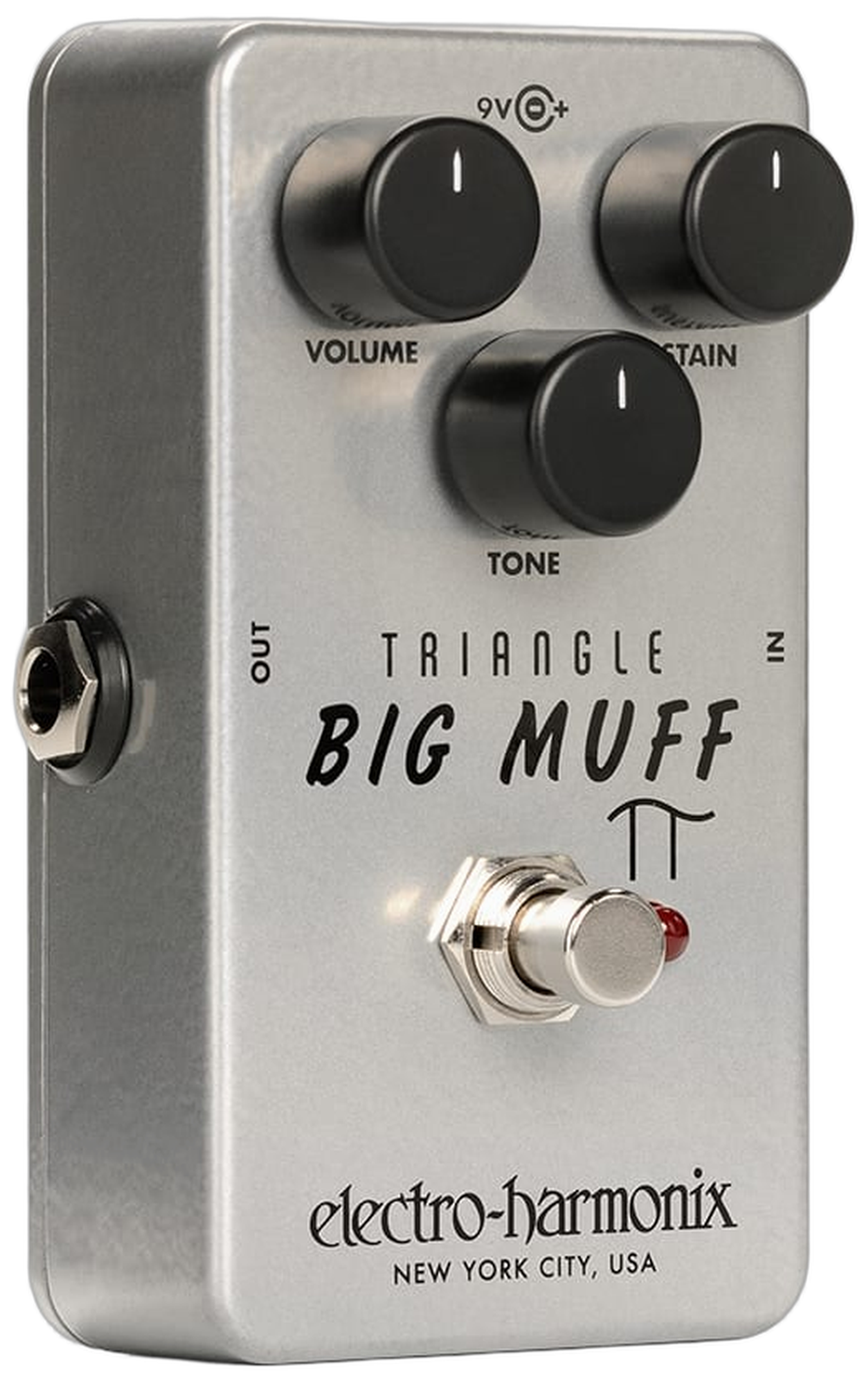 Electro-Harmonix Triangle Big Muff Pi, three-quarter view, silver nano enclosure, Volume Sustain Tone triangle layout