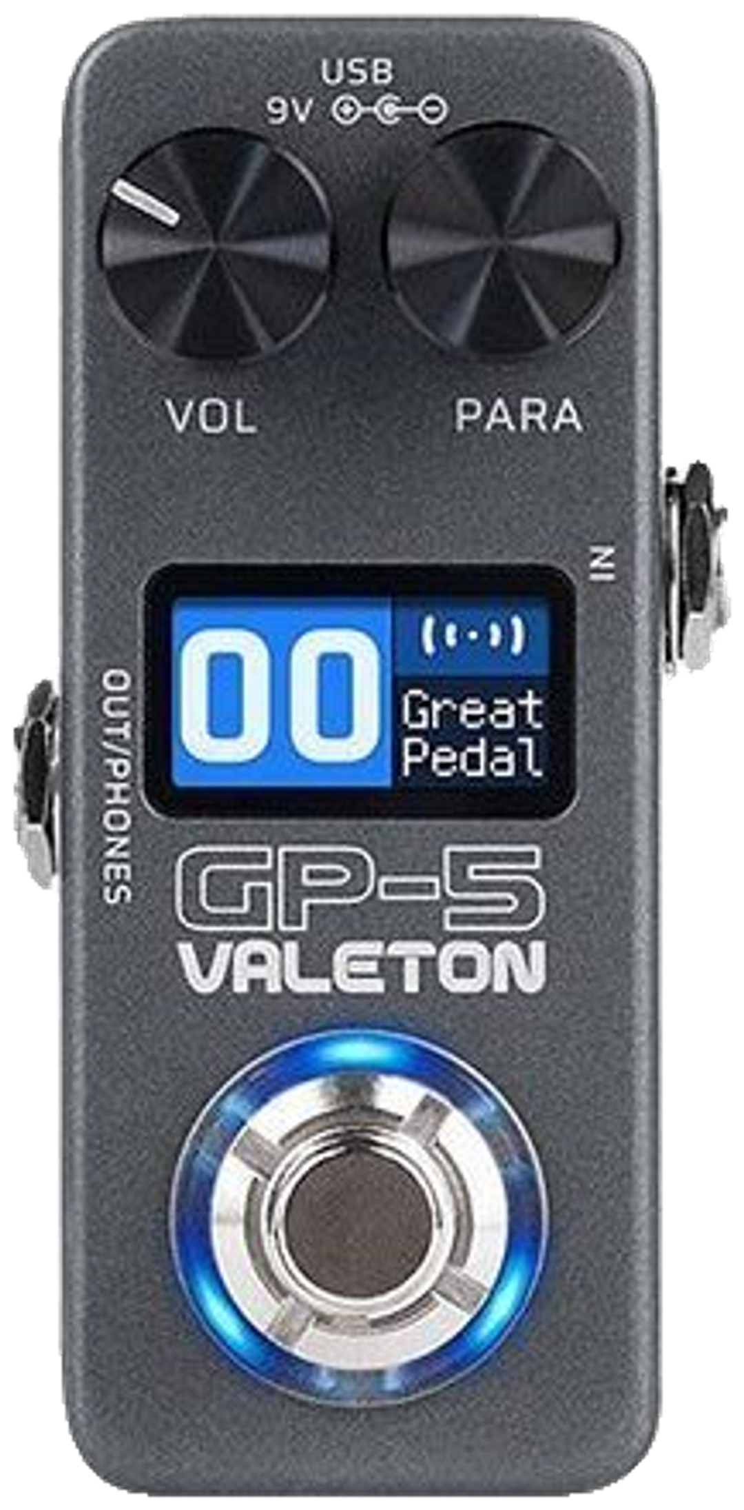Valeton GP-5, top-down view, grey enclosure, colour LCD showing patch 00, Volume and Para knobs, blue-lit footswitch ring