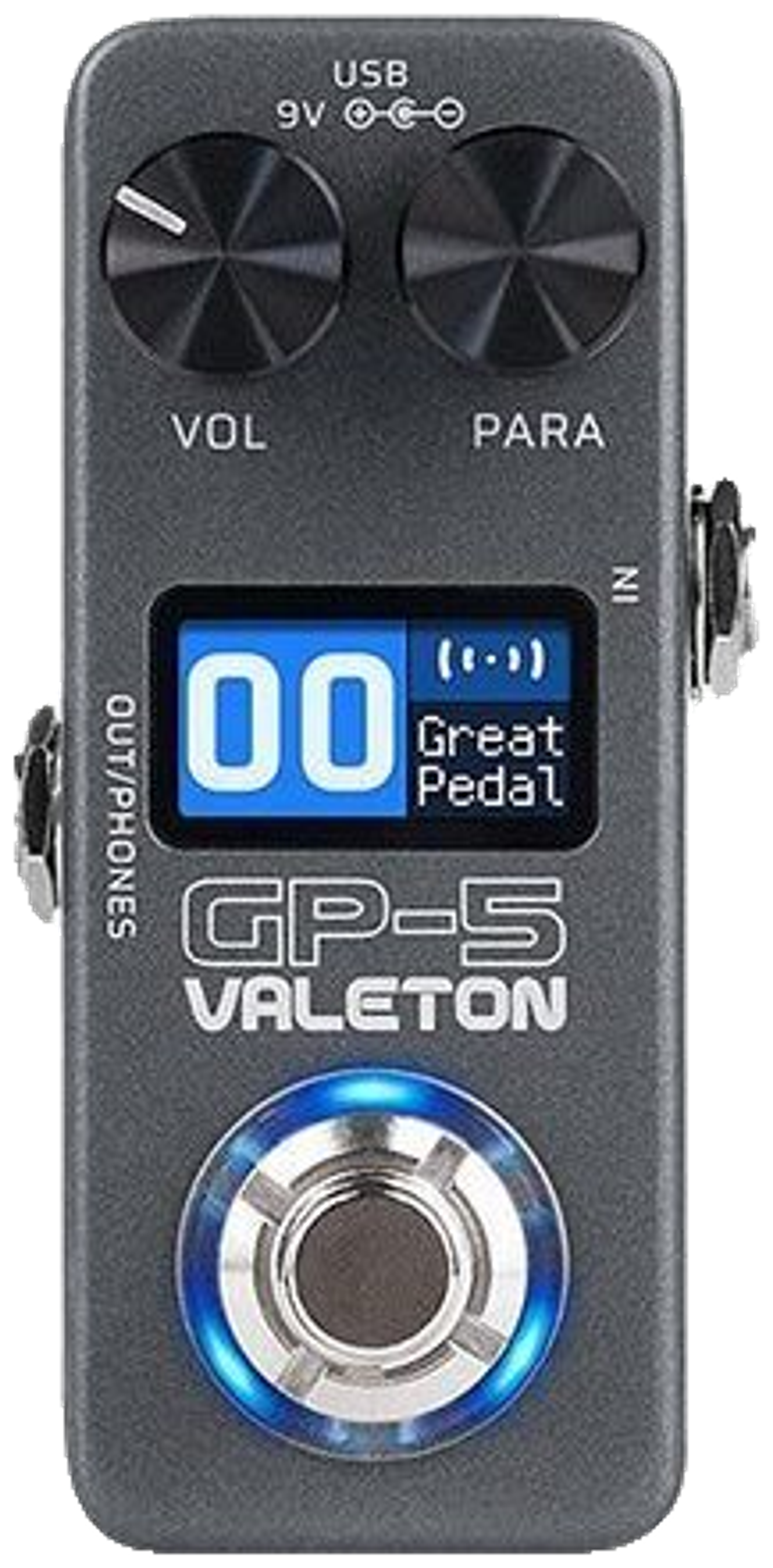 Valeton GP-5, top-down view, grey enclosure, colour LCD showing patch 00, Volume and Para knobs, blue-lit footswitch ring