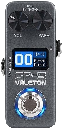 Valeton GP-5, top-down view, grey enclosure, colour LCD showing patch 00, Volume and Para knobs, blue-lit footswitch ring