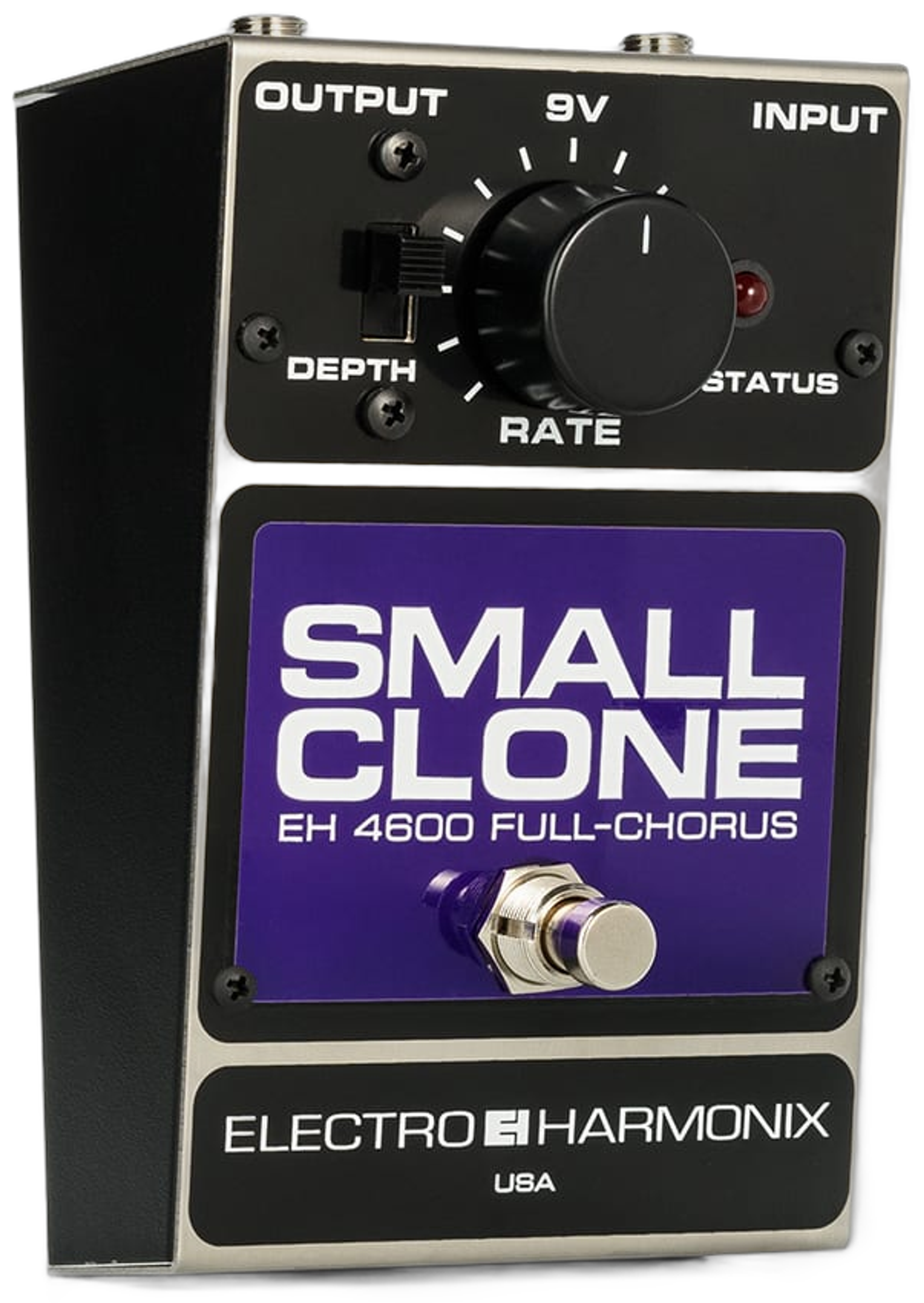 Electro-Harmonix Small Clone, three-quarter view, chrome enclosure, purple EH 4600 Full-Chorus panel, Rate knob