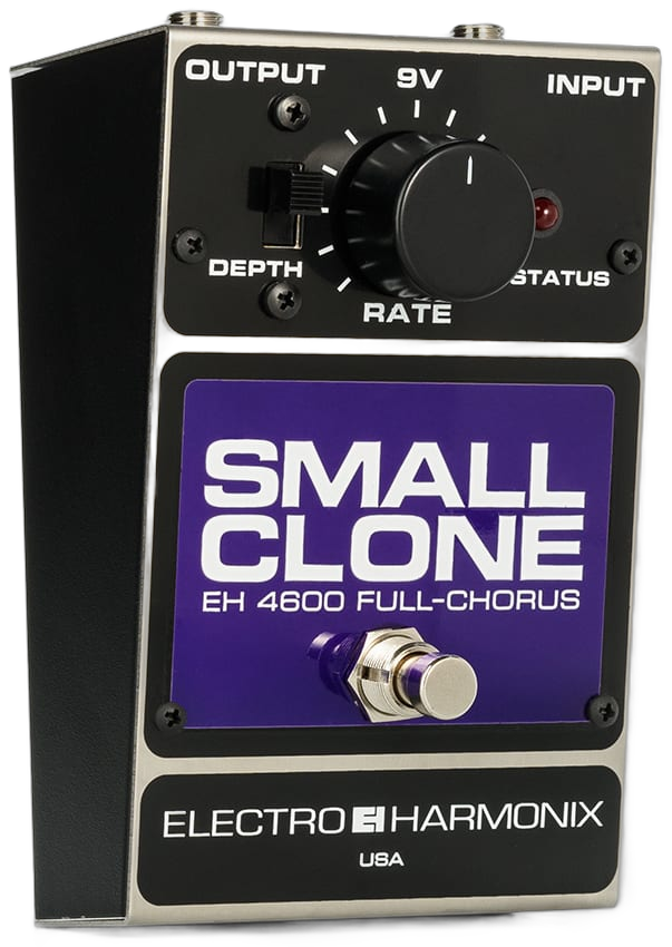 Electro-Harmonix Small Clone, three-quarter view, chrome enclosure, purple EH 4600 Full-Chorus panel, Rate knob