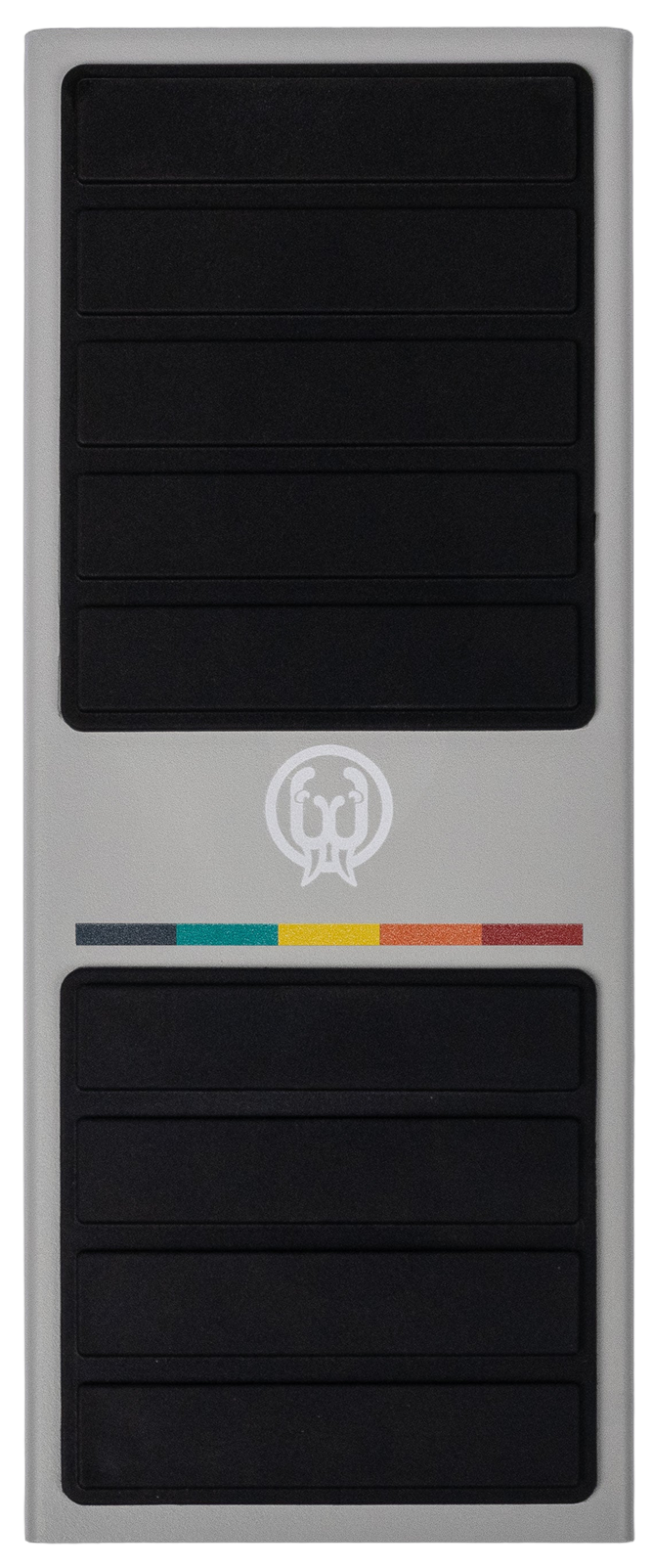 Walrus Audio Canvas Expression, top-down packshot, grey treadle, walrus logo, colour bar
