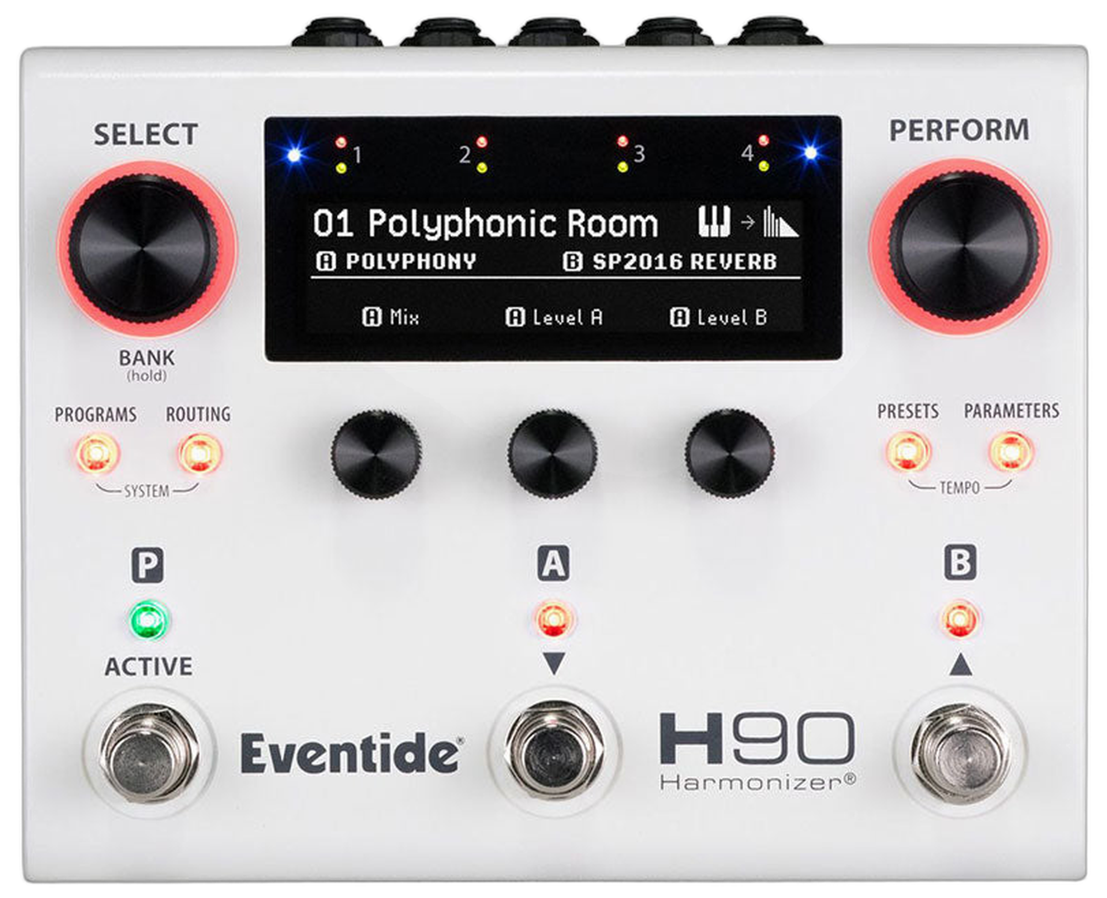 Eventide H90 Harmonizer, top-down view, white enclosure, OLED, SELECT and PERFORM knobs, three footswitches
