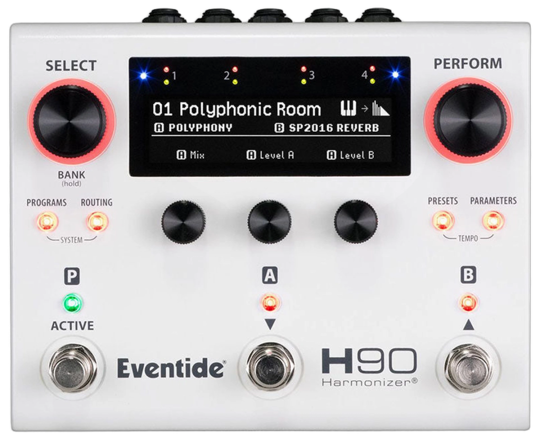 Eventide H90 Harmonizer, top-down view, white enclosure, OLED, SELECT and PERFORM knobs, three footswitches