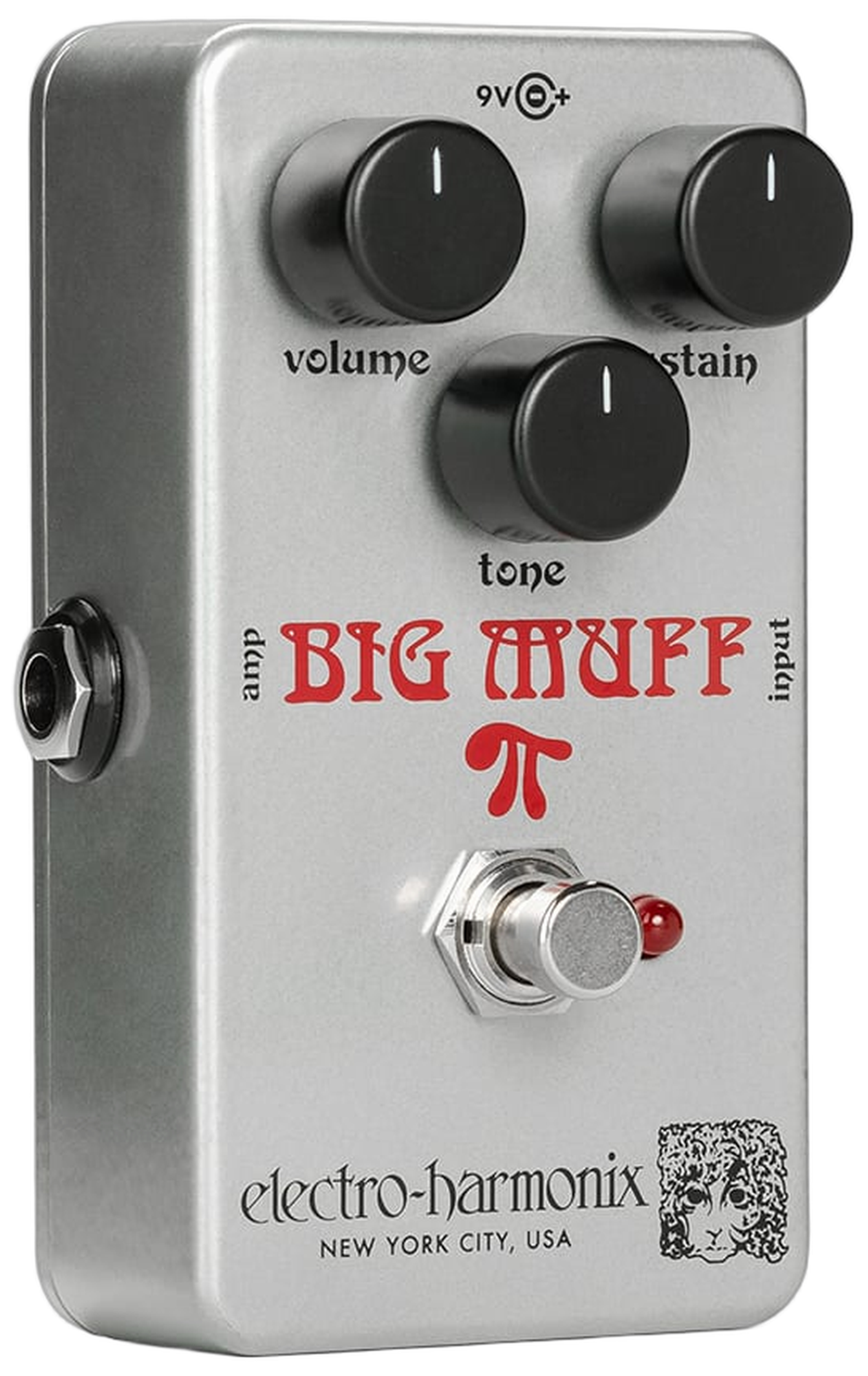 Electro-Harmonix Ram's Head Big Muff Pi, three-quarter view, silver nano enclosure, red Big Muff graphics, ram's head icon