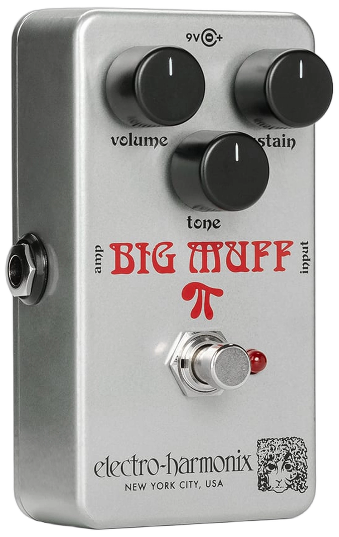 Electro-Harmonix Ram's Head Big Muff Pi, three-quarter view, silver nano enclosure, red Big Muff graphics, ram's head icon
