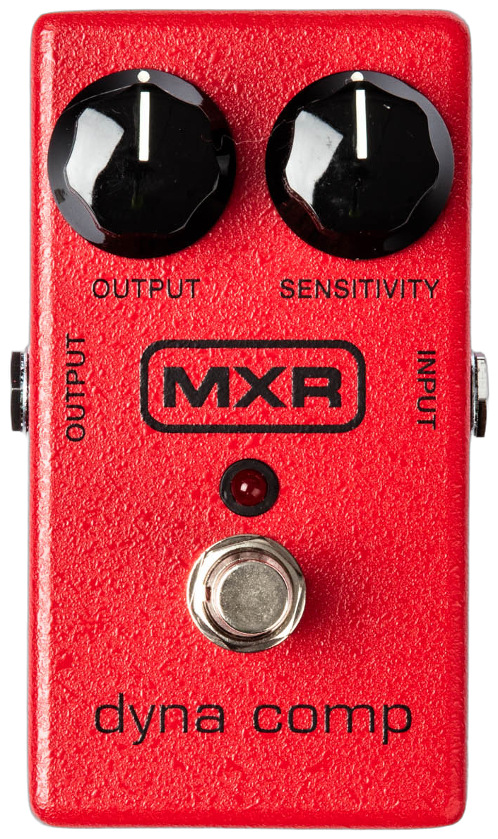 MXR Dyna Comp M102, top-down view, red enclosure, block MXR logo, Output and Sensitivity knobs