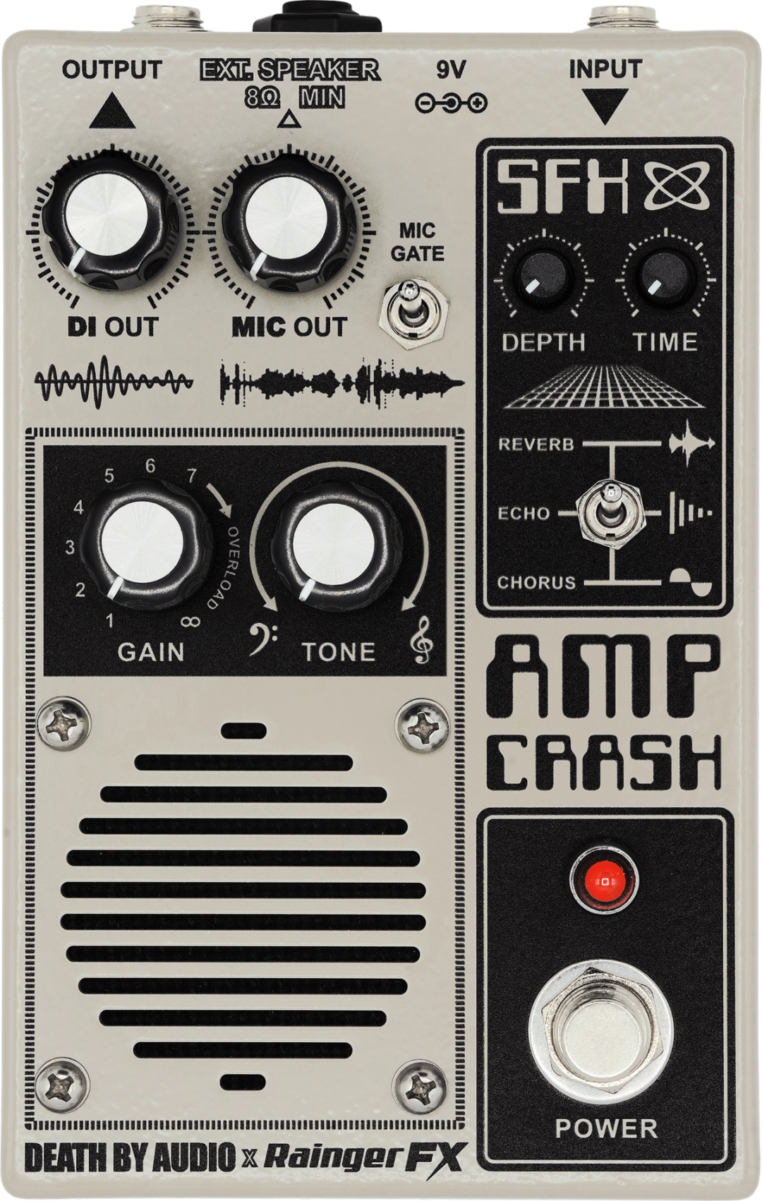 Death By Audio Amp Crash pedalboard amp, front view, cream enclosure with built-in speaker grille, six knobs, SFX selector and footswitch