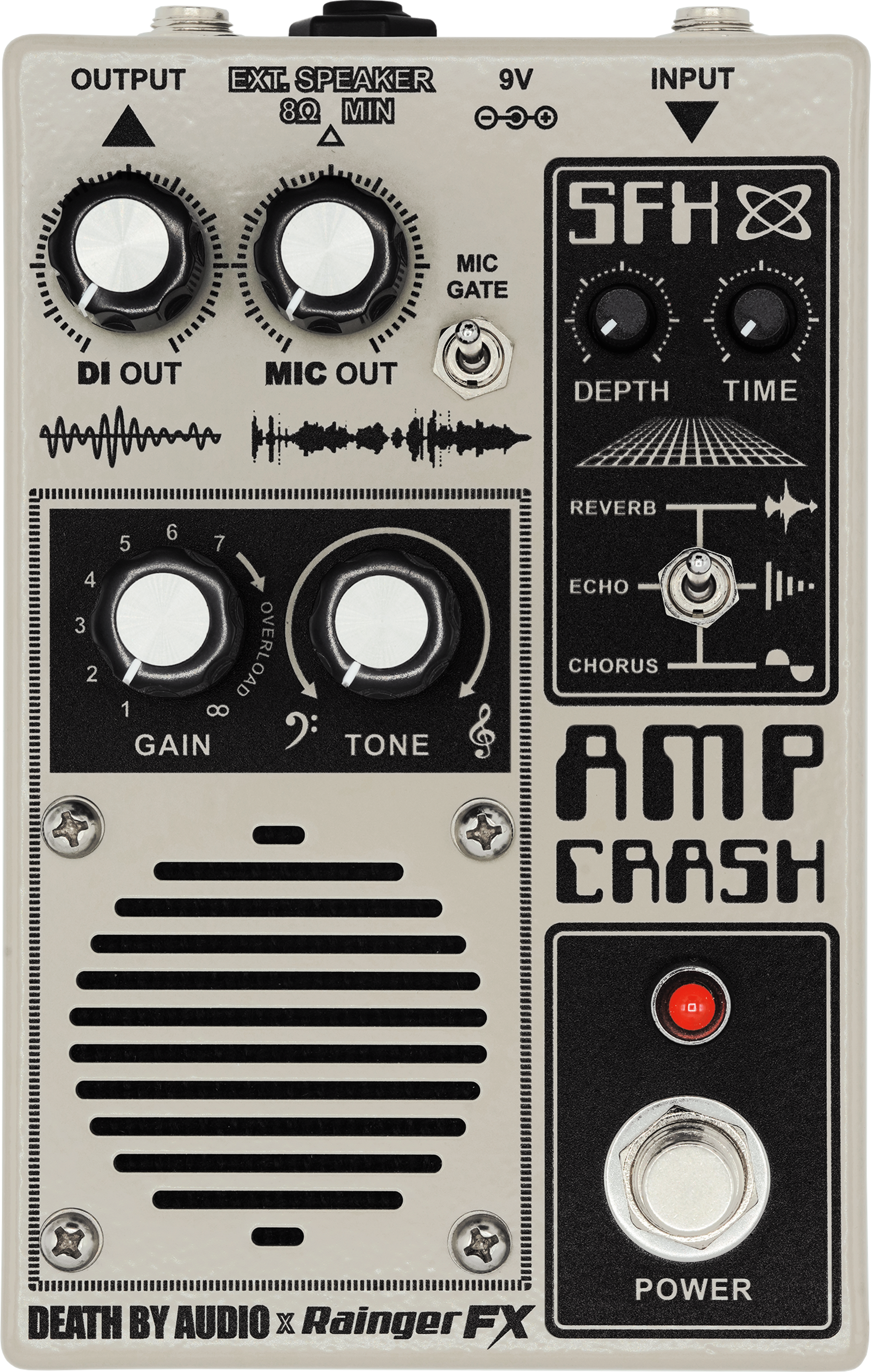Death By Audio Amp Crash pedalboard amp, front view, cream enclosure with built-in speaker grille, six knobs, SFX selector and footswitch
