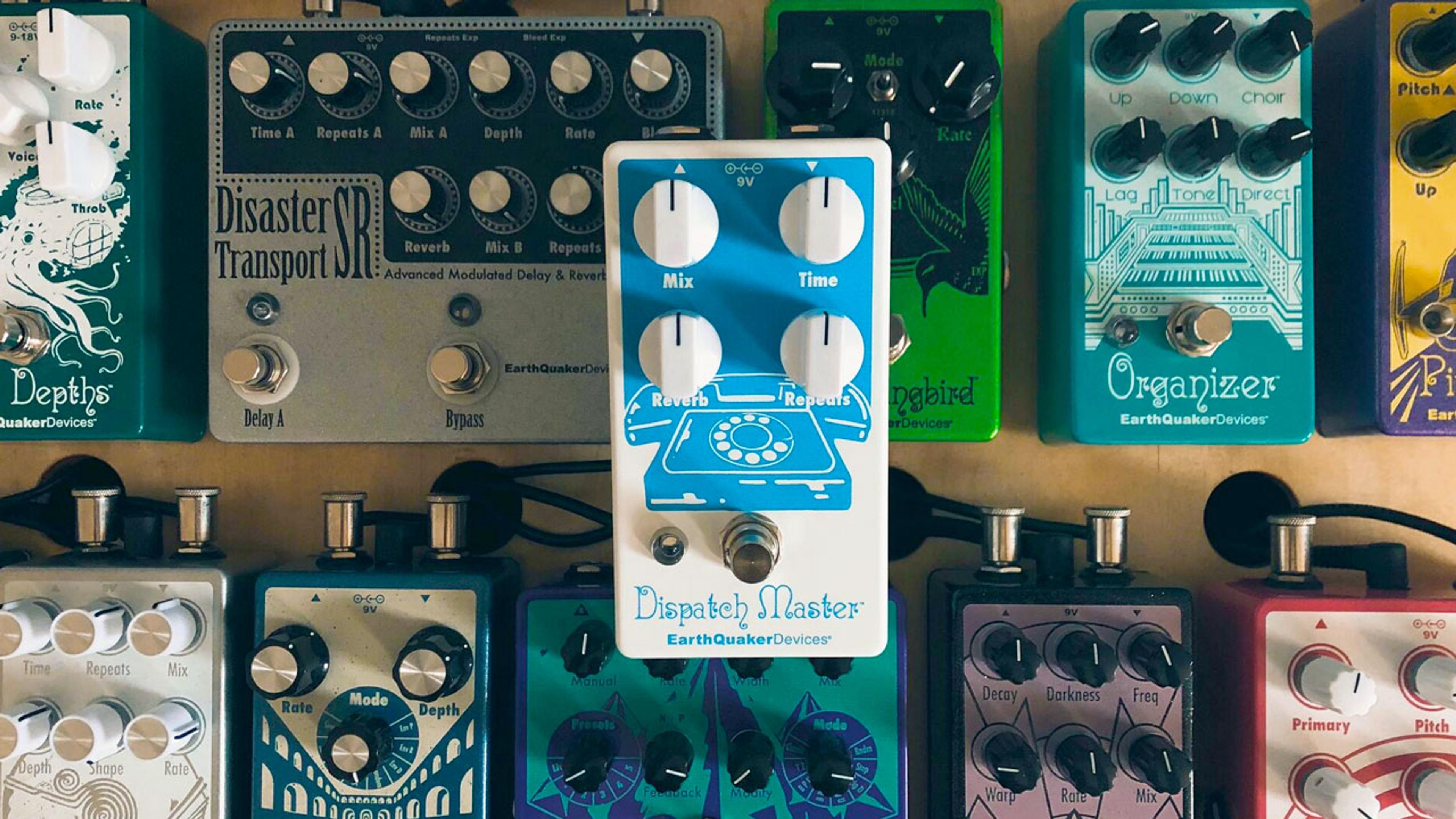 EarthQuaker Devices Dispatch Master on a pedalboard among other EarthQuaker pedals
