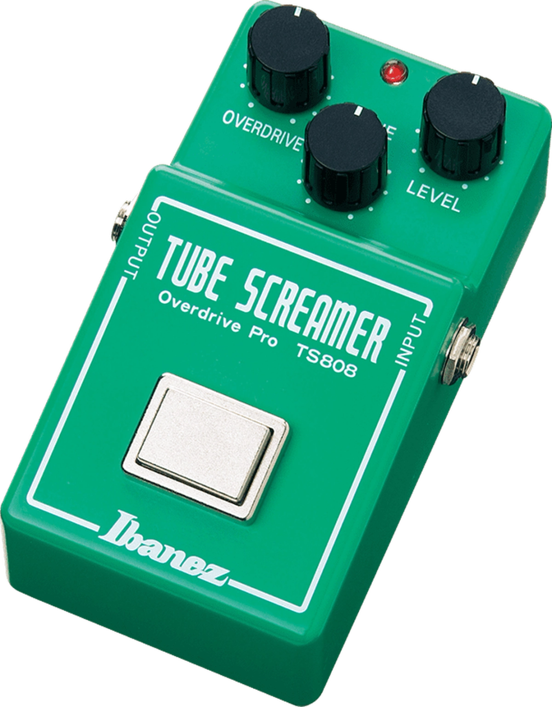 Ibanez TS808 Tube Screamer, three-quarter view, green enclosure, Overdrive Tone Level knobs, square footswitch