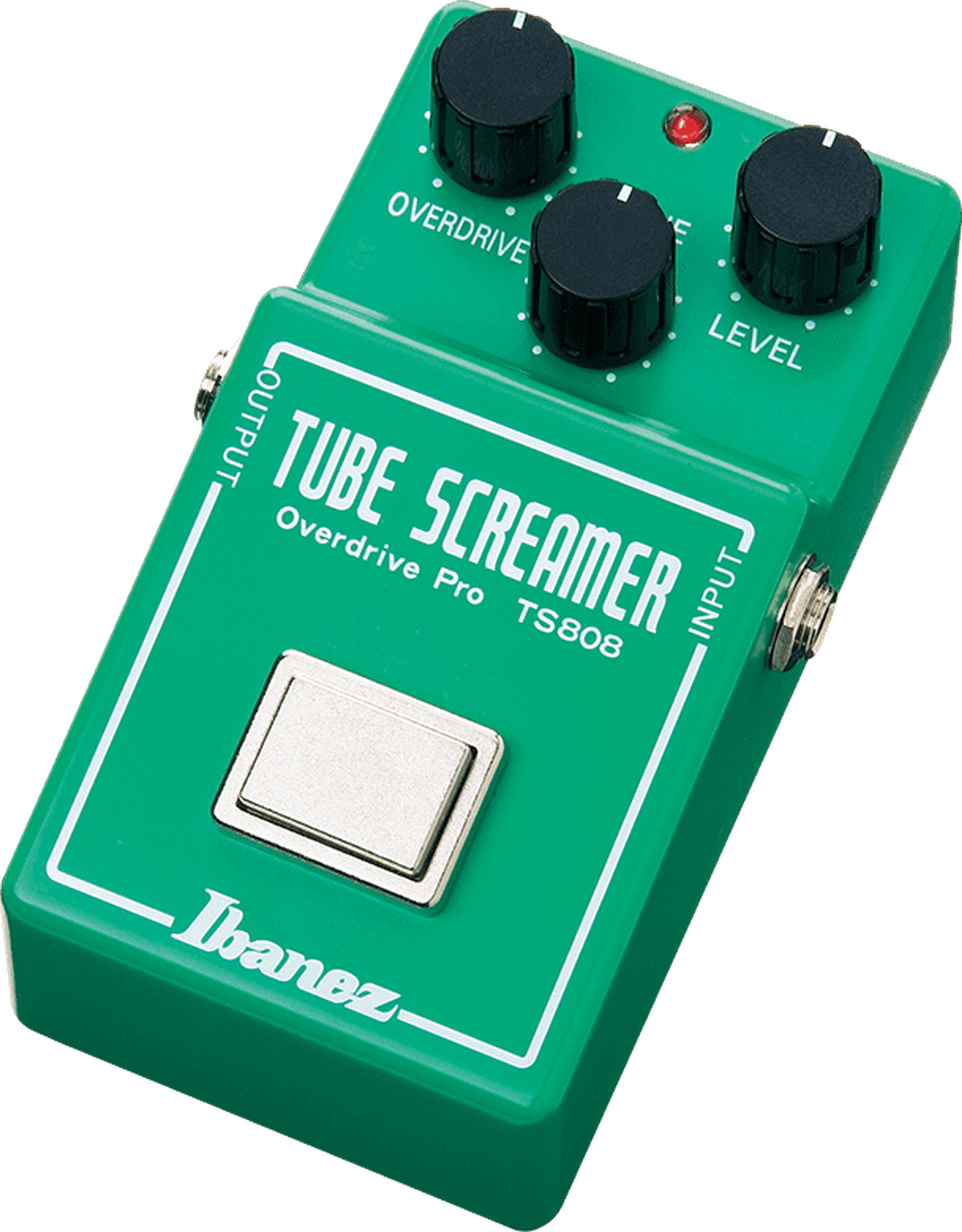 Ibanez TS808 Tube Screamer, three-quarter view, green enclosure, Overdrive Tone Level knobs, square footswitch
