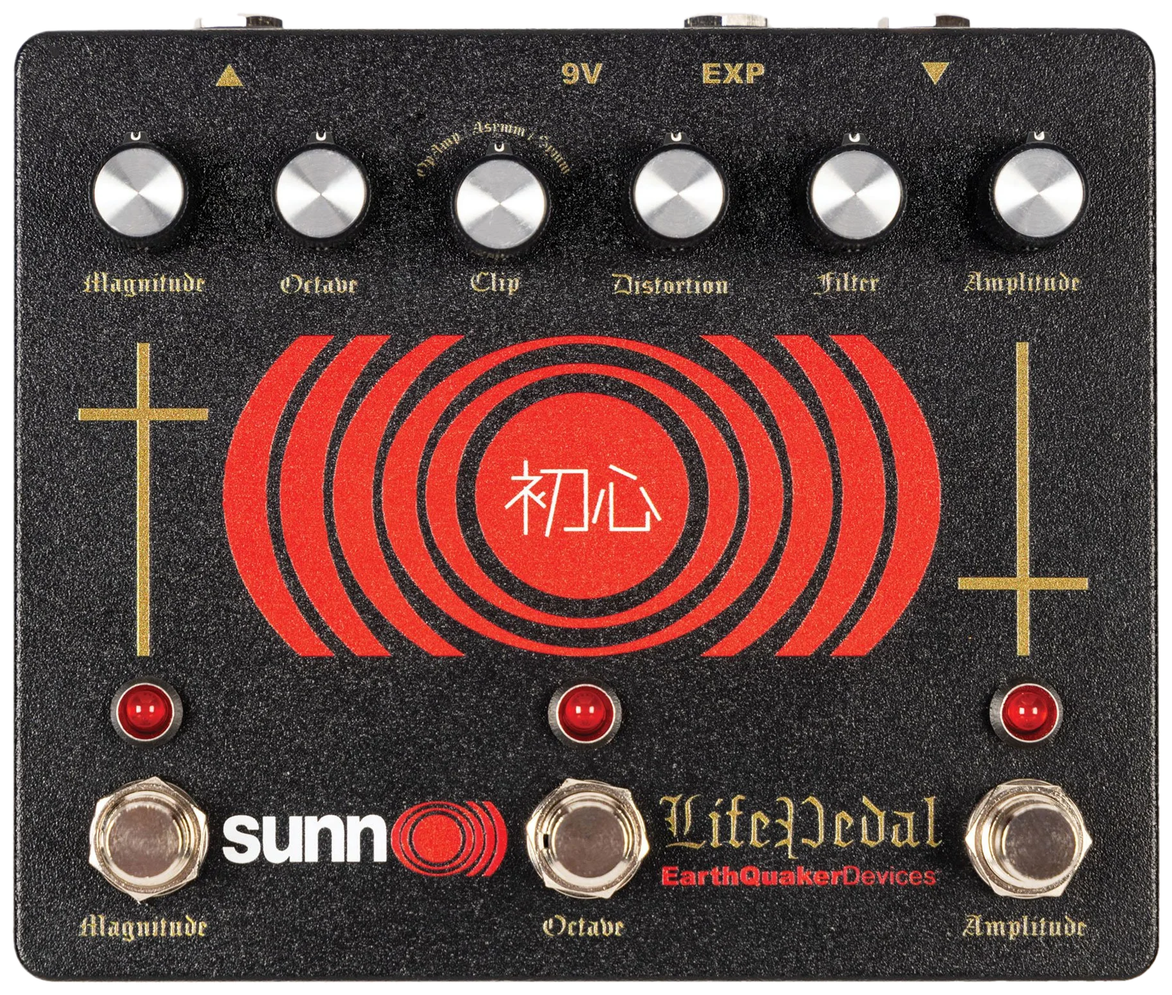 EarthQuaker Devices Sunn O))) Life Pedal V3, top-down view, black enclosure, red concentric-circle graphic, three footswitches
