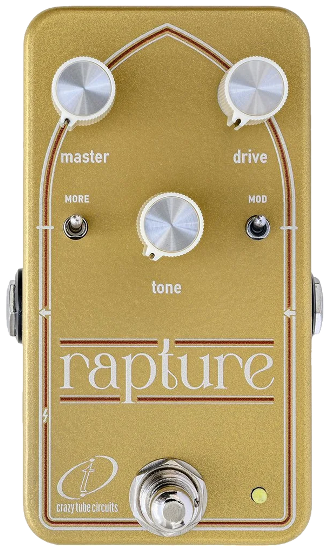 Crazy Tube Circuits Rapture, top-down view, gold enclosure, arched panel, Master, Drive and Tone knobs, MORE and MOD toggles