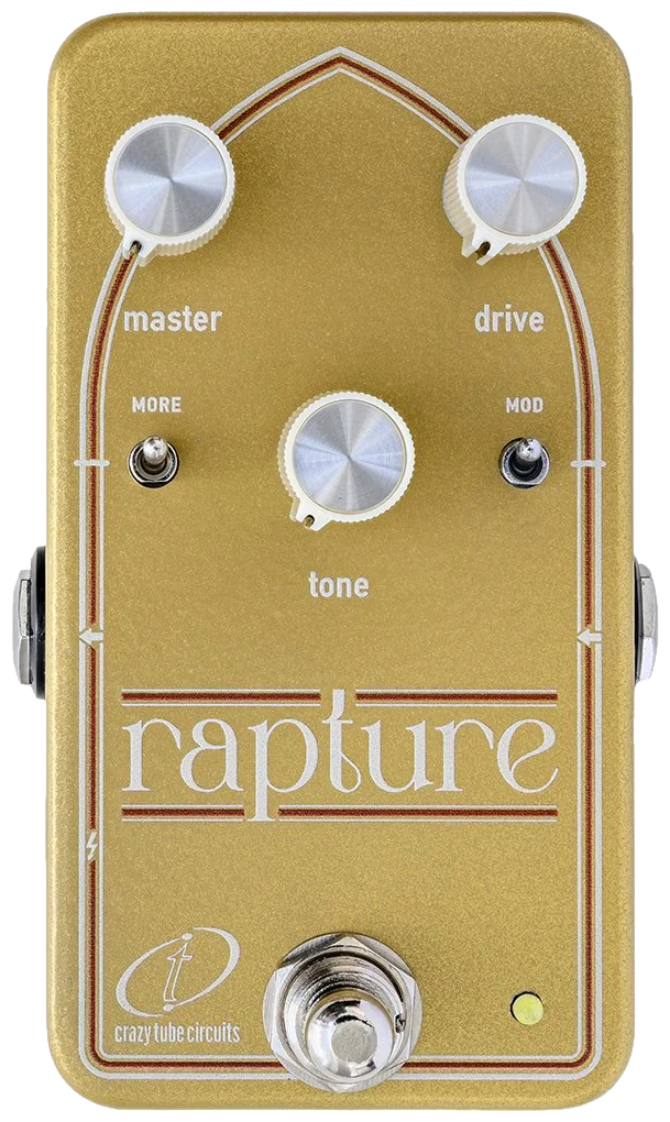 Crazy Tube Circuits Rapture, top-down view, gold enclosure, arched panel, Master, Drive and Tone knobs, MORE and MOD toggles