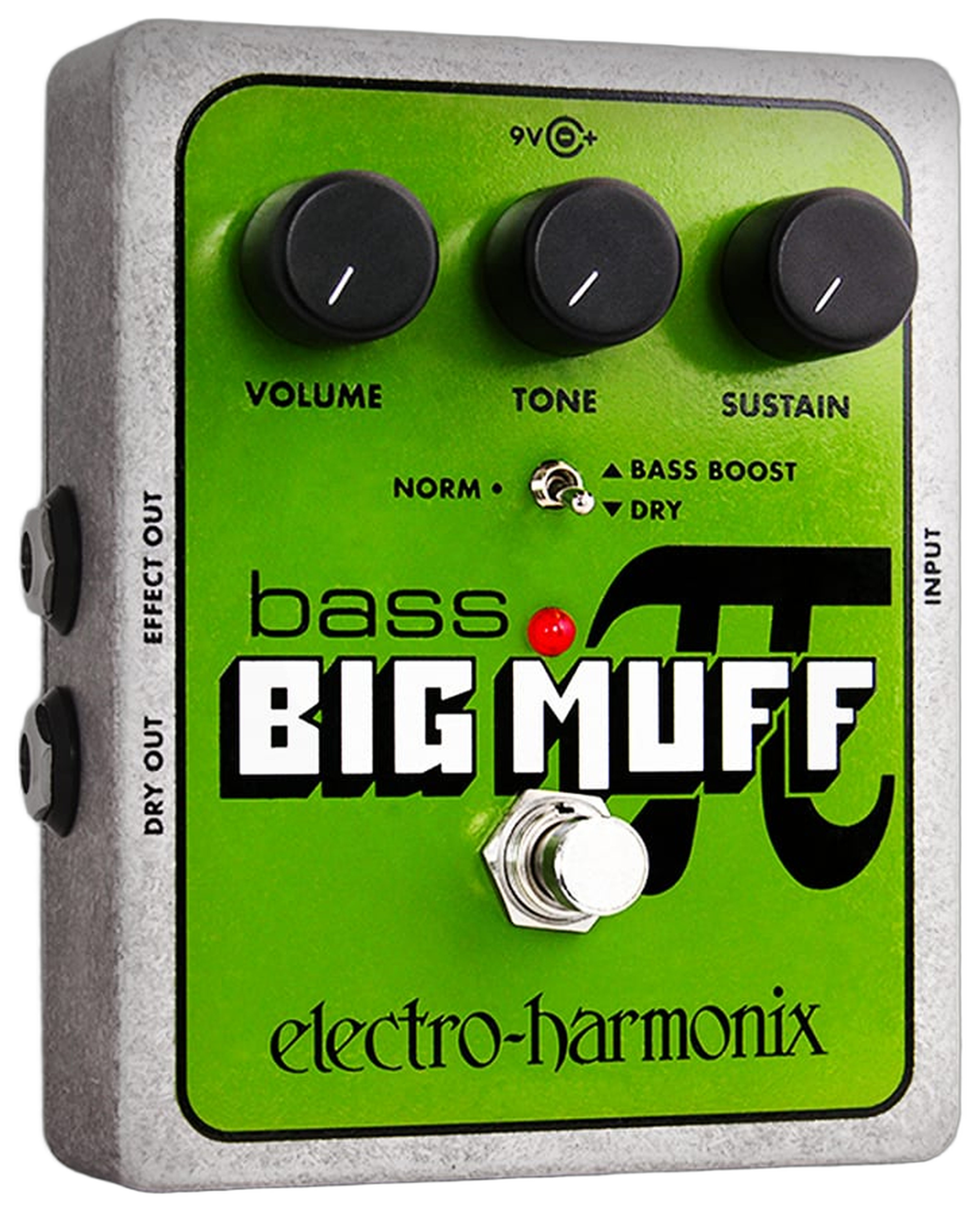 Electro-Harmonix Bass Big Muff Pi, three-quarter view, green faceplate, Volume Tone Sustain knobs, Dry Bass Boost toggle
