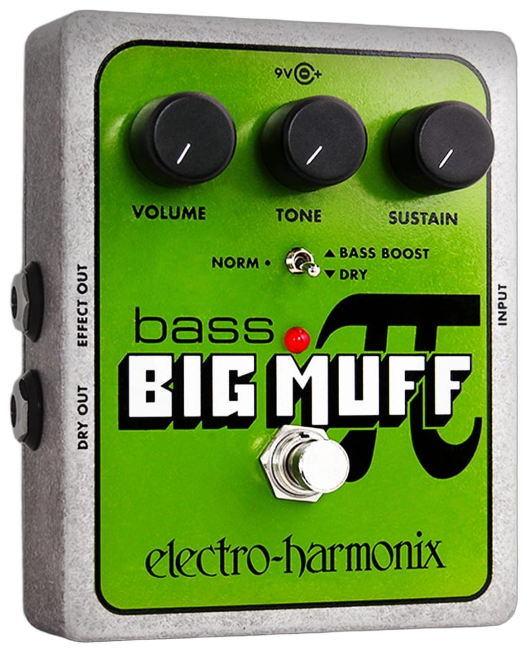 Electro-Harmonix Bass Big Muff Pi, three-quarter view, green faceplate, Volume Tone Sustain knobs, Dry Bass Boost toggle