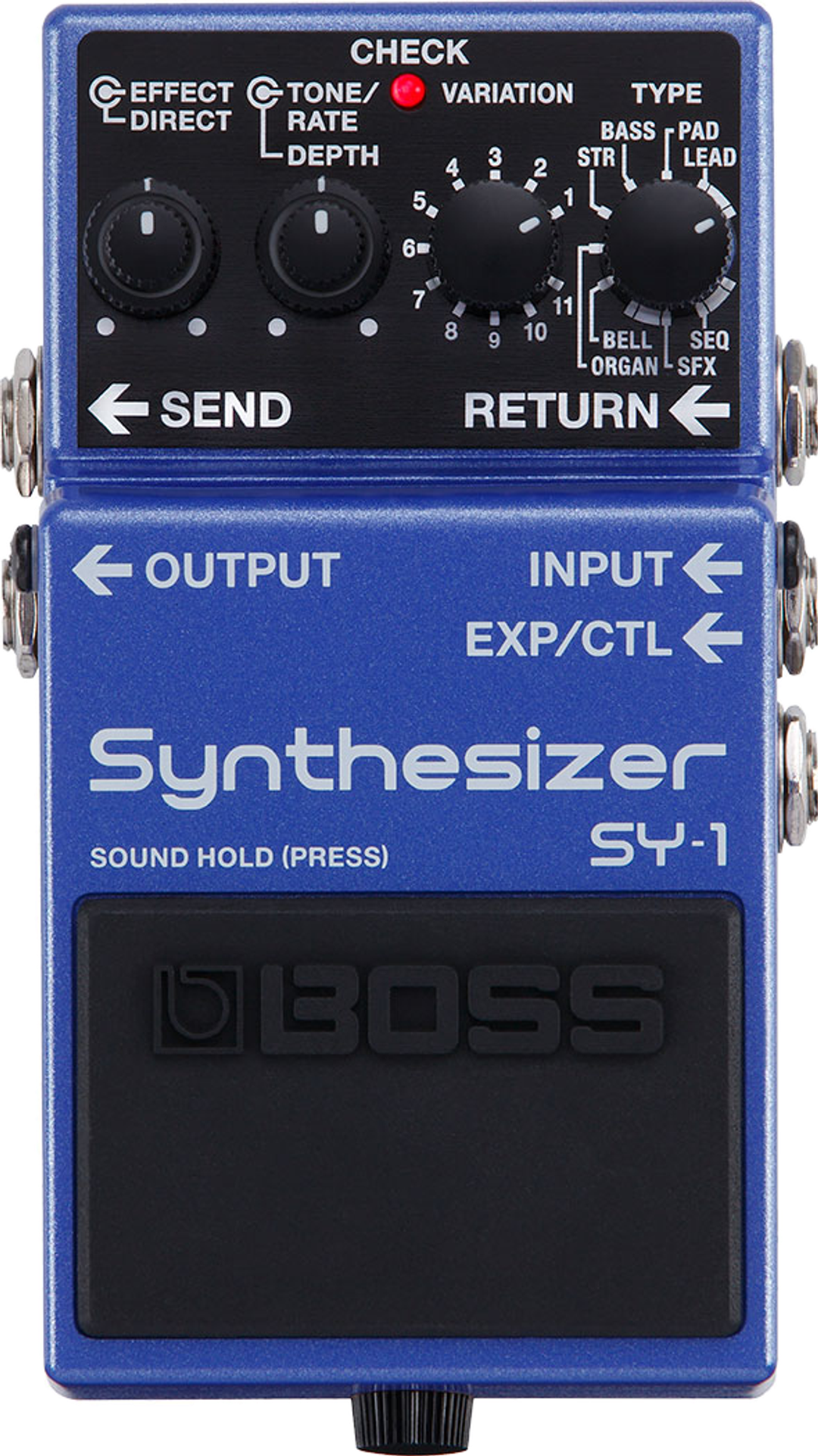 BOSS SY-1 Synthesizer, top view, blue enclosure, Type and Variation knobs, Send/Return jacks
