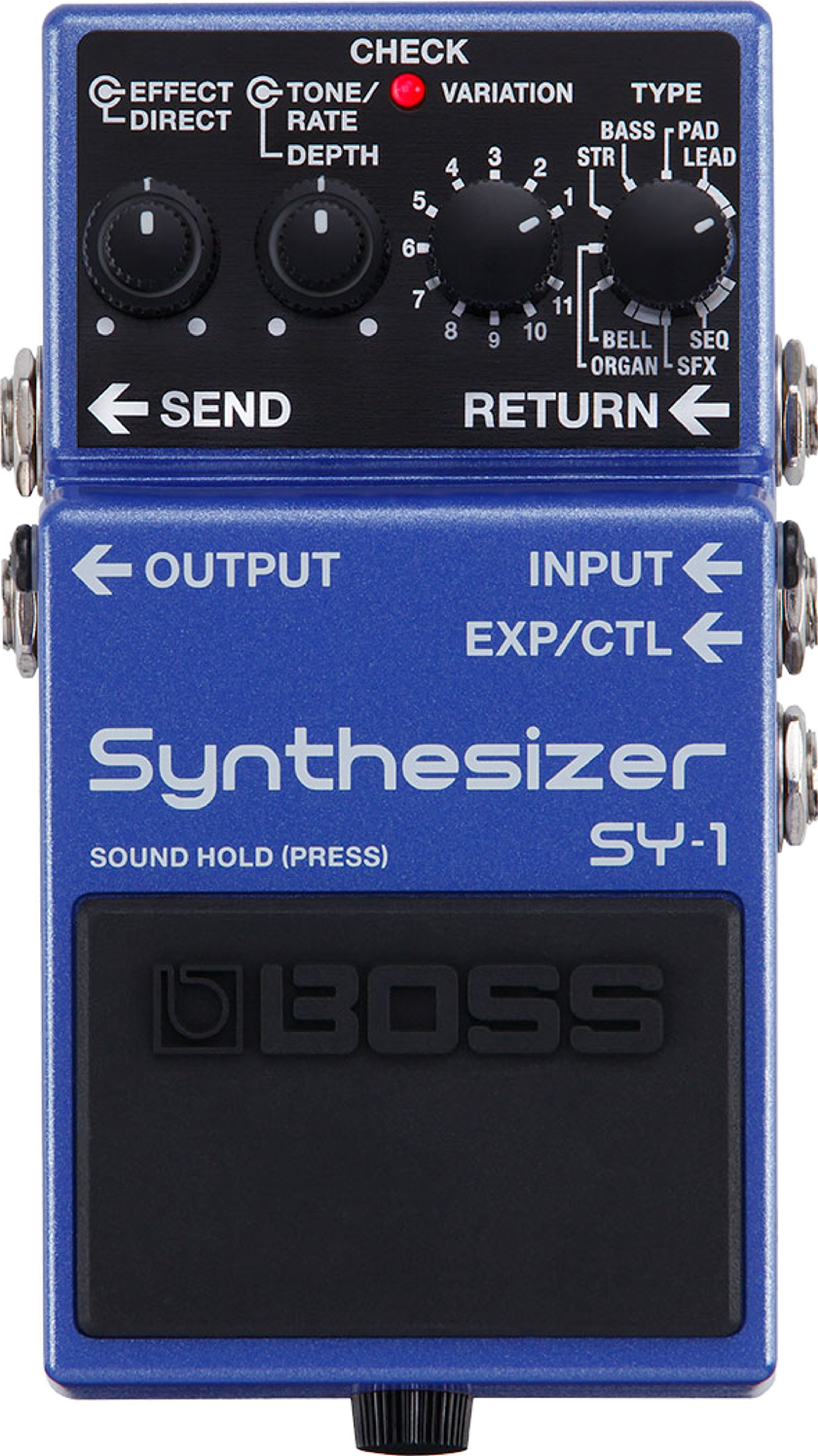 BOSS SY-1 Synthesizer, top view, blue enclosure, Type and Variation knobs, Send/Return jacks