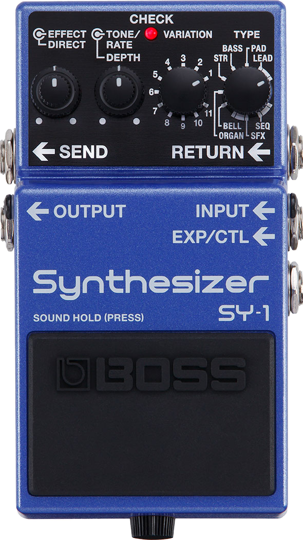 BOSS SY-1 Synthesizer, top view, blue enclosure, Type and Variation knobs, Send/Return jacks