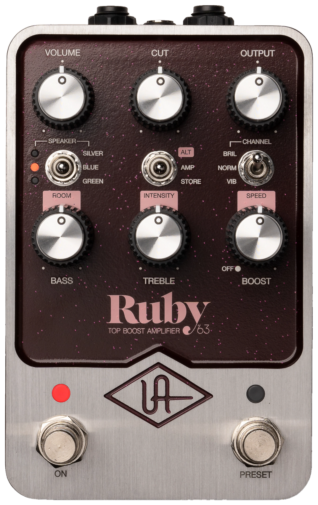 Universal Audio Ruby '63, top-down view, oxblood panel, Volume, Cut, Output, Bass, Treble and Boost knobs, Speaker, Alt and Channel switches