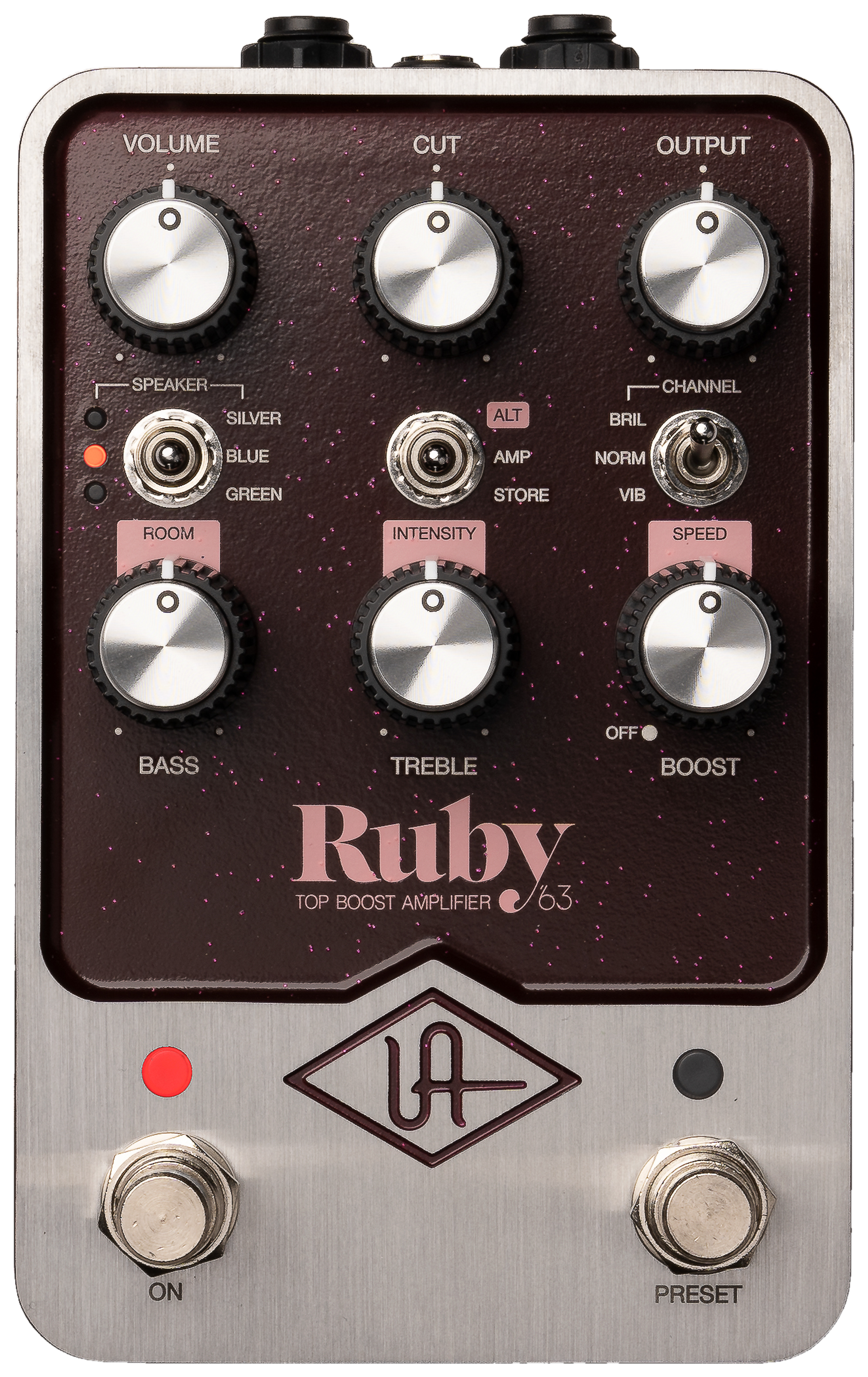Universal Audio Ruby '63, top-down view, oxblood panel, Volume, Cut, Output, Bass, Treble and Boost knobs, Speaker, Alt and Channel switches